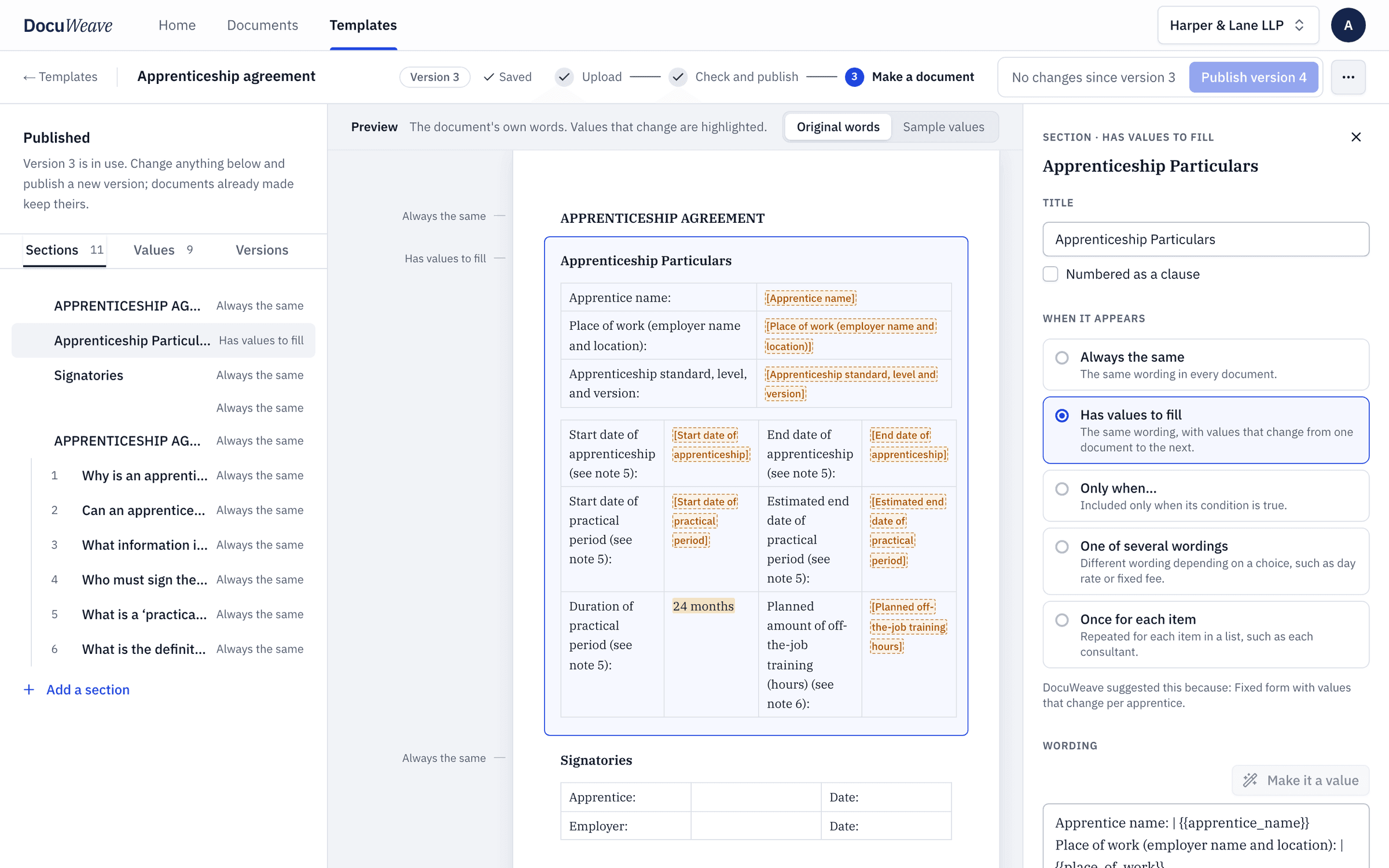 The template, with the apprenticeship particulars table and its values highlighted