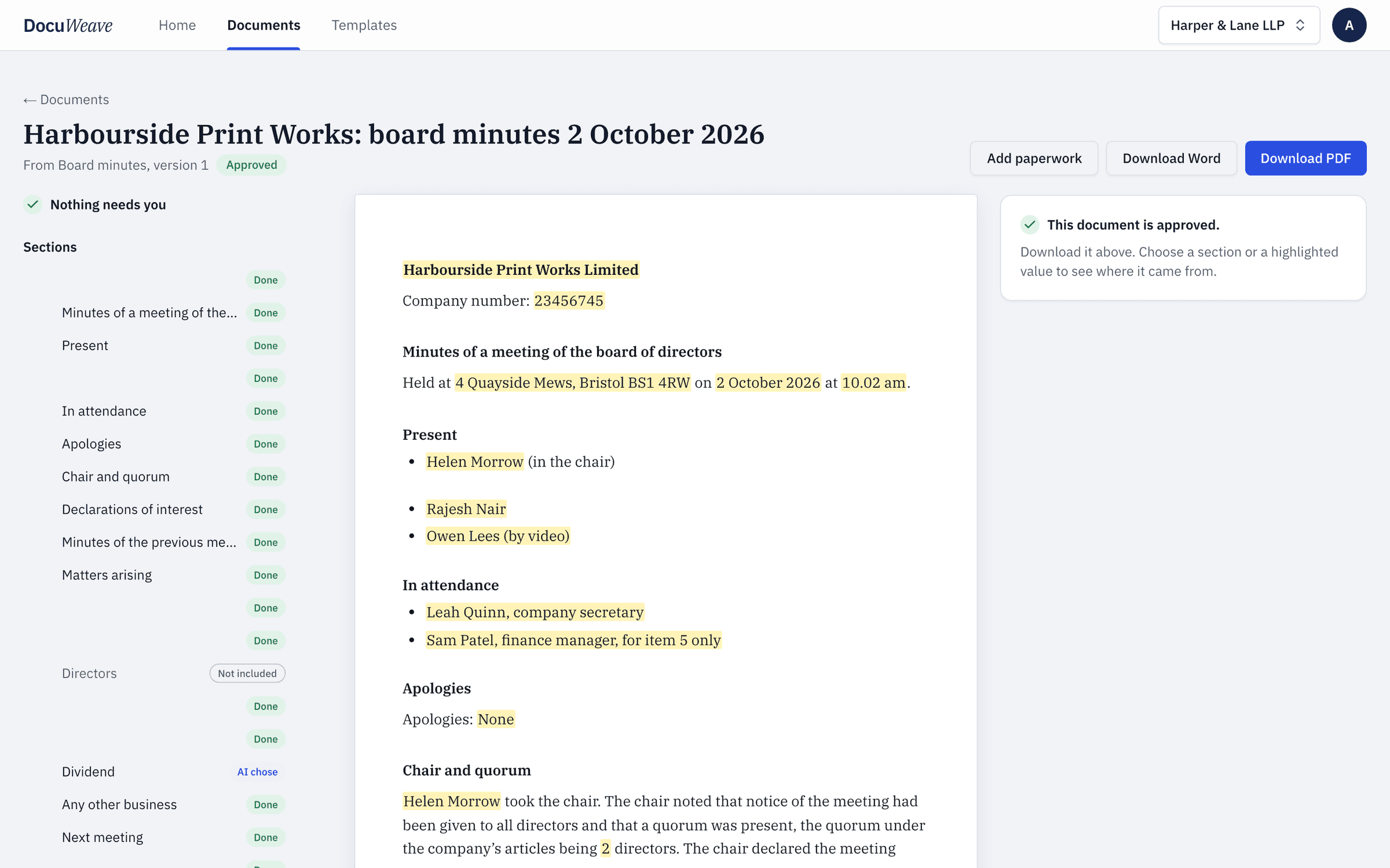 The approved board minutes with Word and PDF downloads