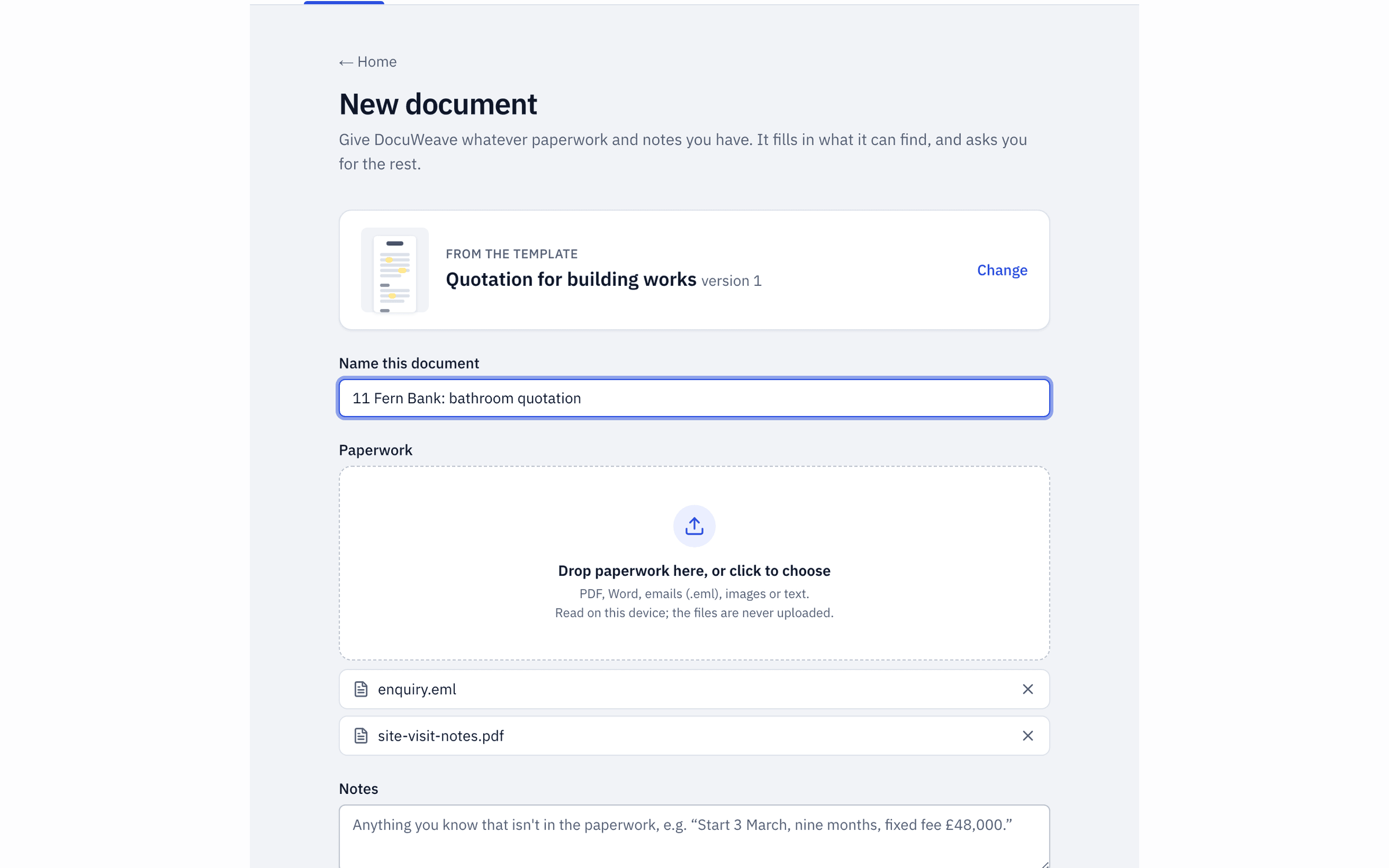 A client's enquiry email and site visit notes added to a new document