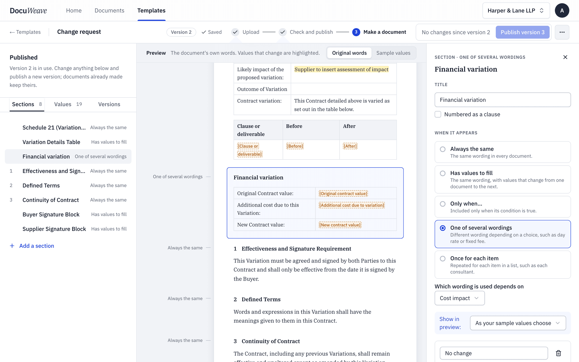 The template, with the financial section set to show only when the cost changes