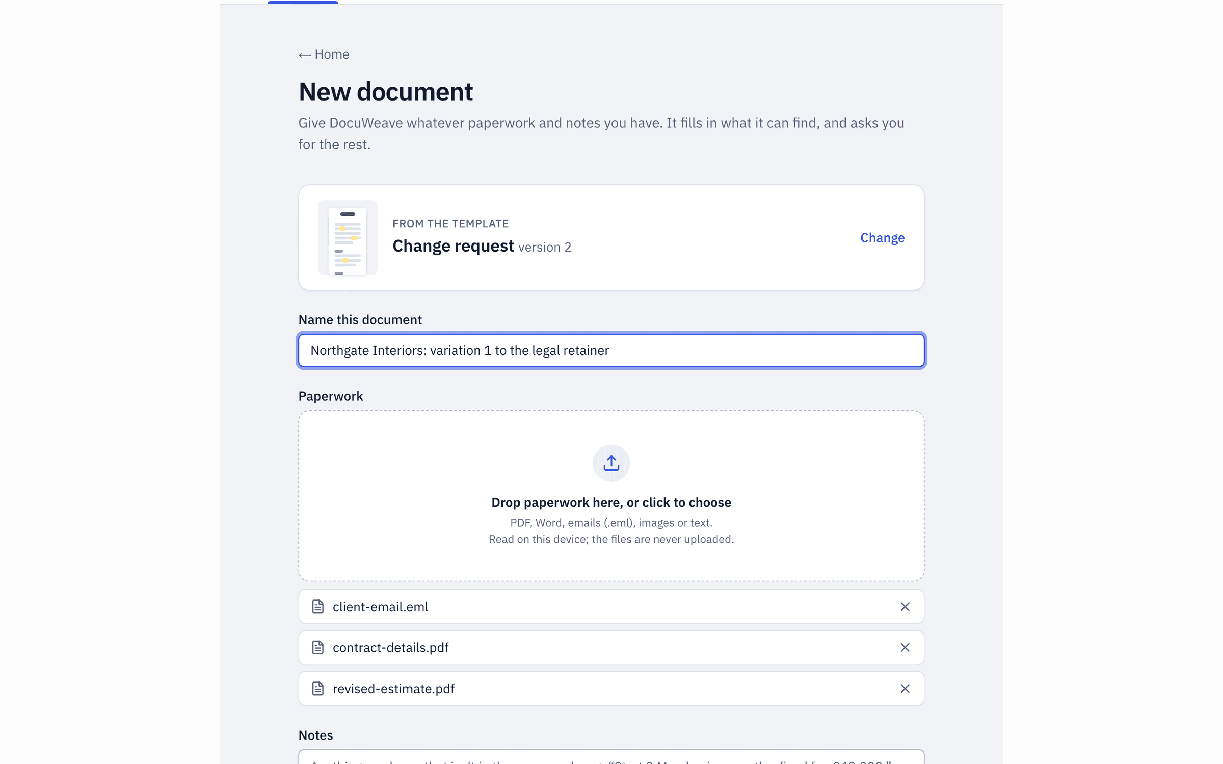 Three files added to a new document: the client's email, the revised estimate and the contract details