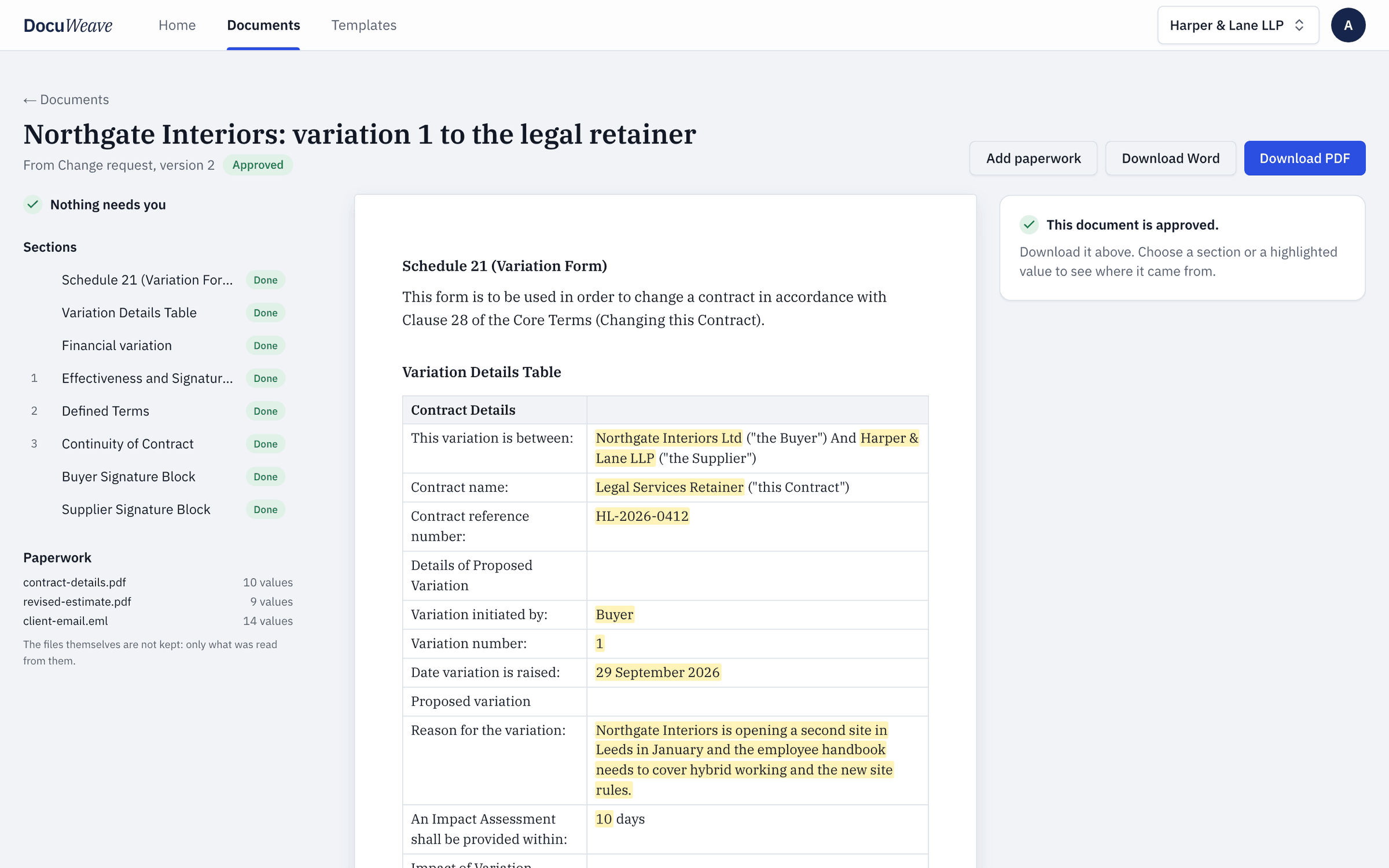 The approved change request with Word and PDF downloads