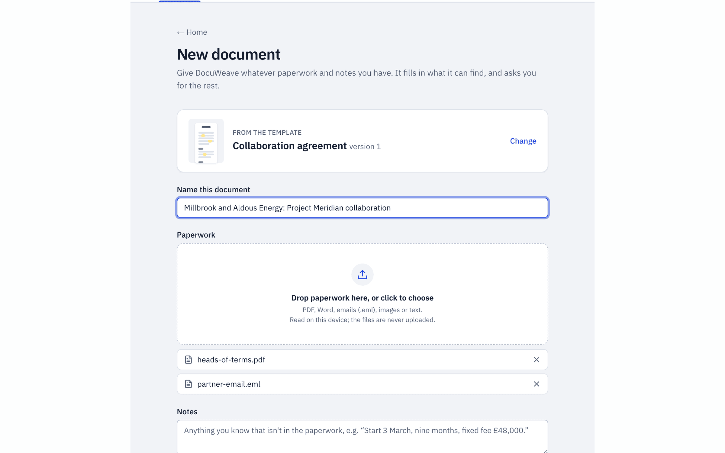 Two files added to a new document: the heads of terms and the partner's email