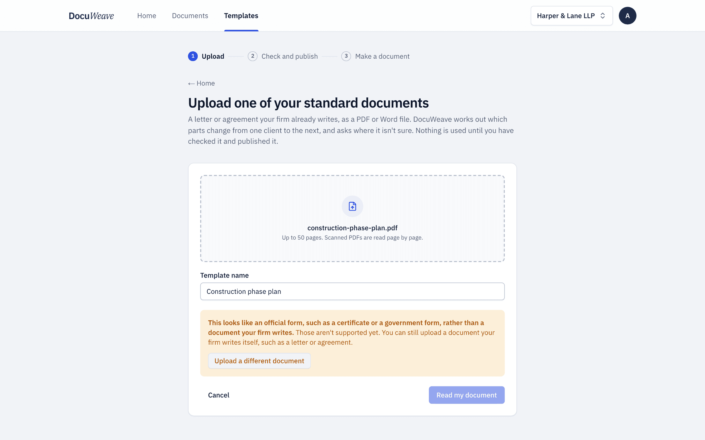 The upload refused with a message that this looks like an official form