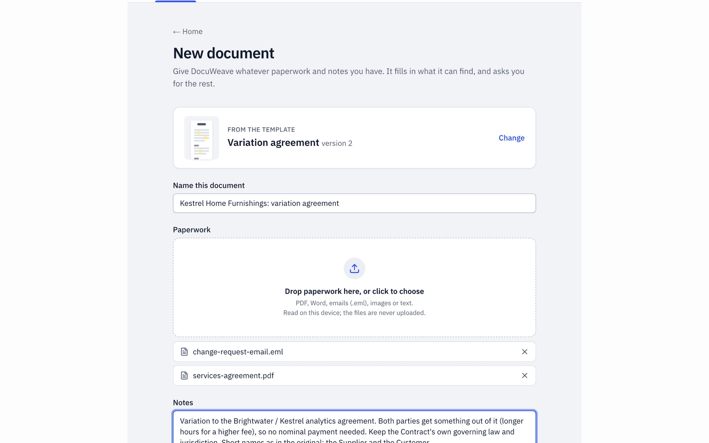 The original contract and a change-request email added to a new document, with typed notes