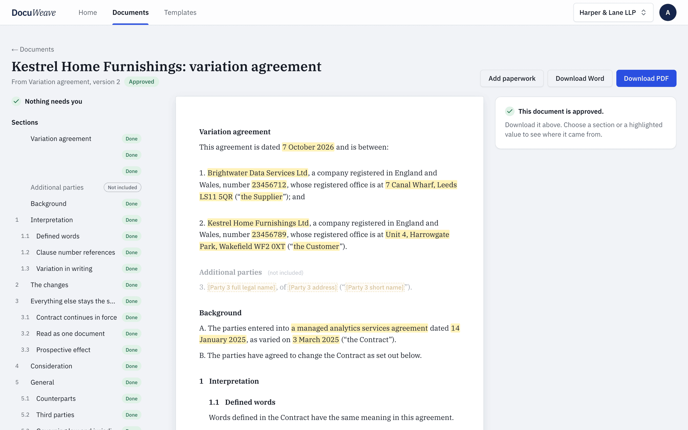 The approved variation agreement with Word and PDF downloads