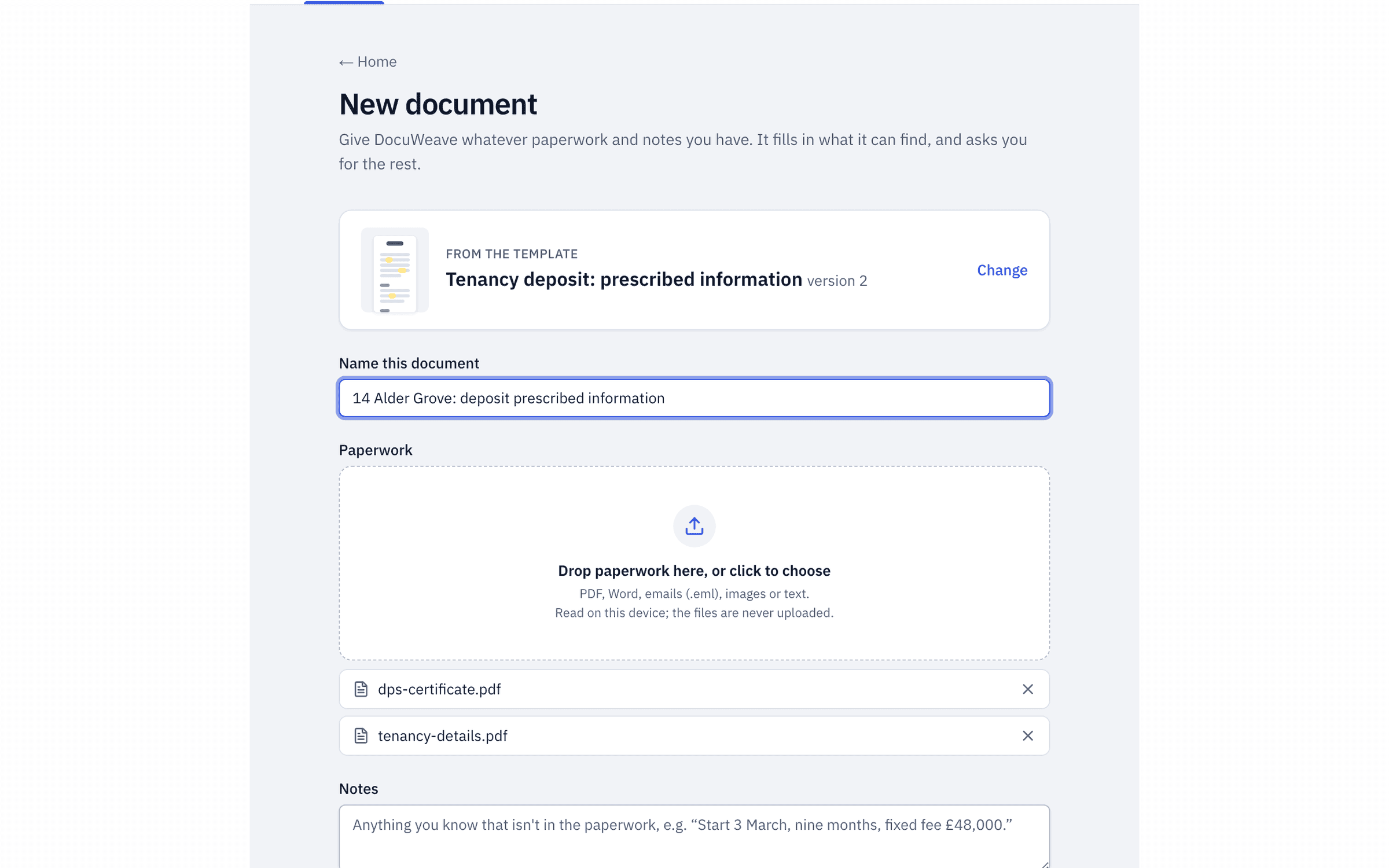 A deposit protection certificate and the agent's tenancy details added to a new document