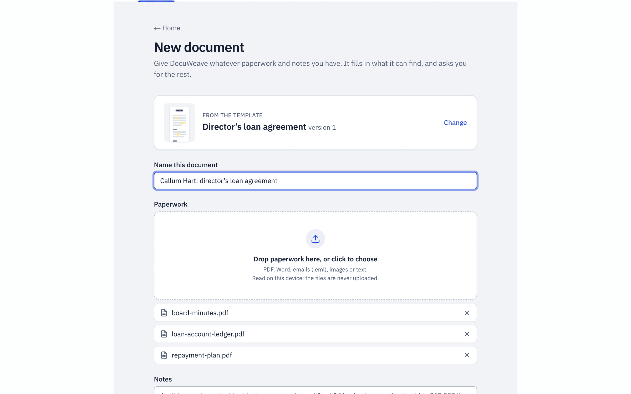 Board minutes, a repayment plan and a loan account extract added to a new document