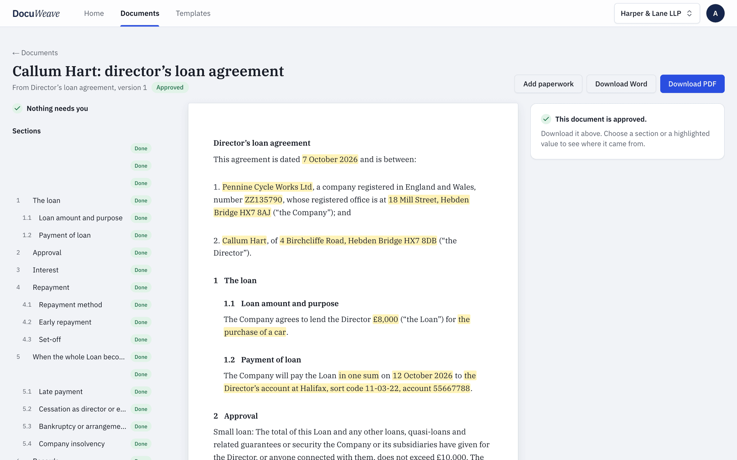 The approved director's loan agreement with Word and PDF downloads