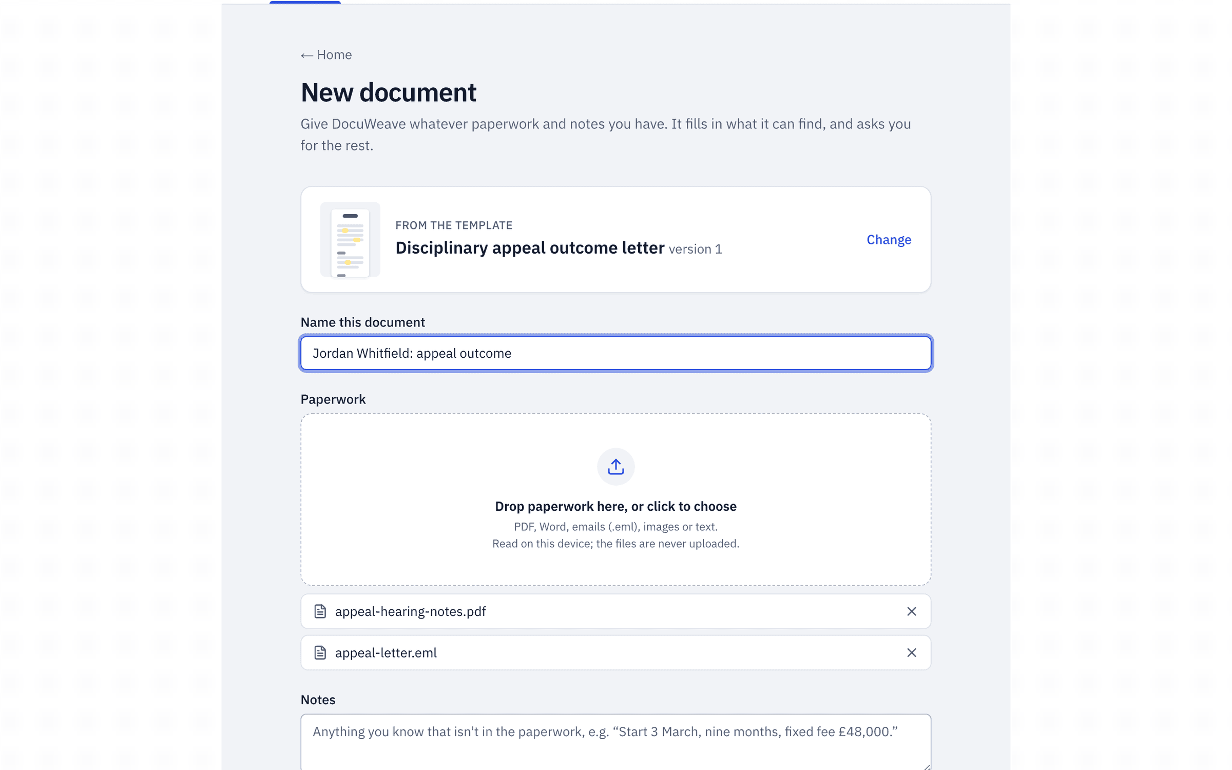 An appeal email and appeal meeting notes added to a new document