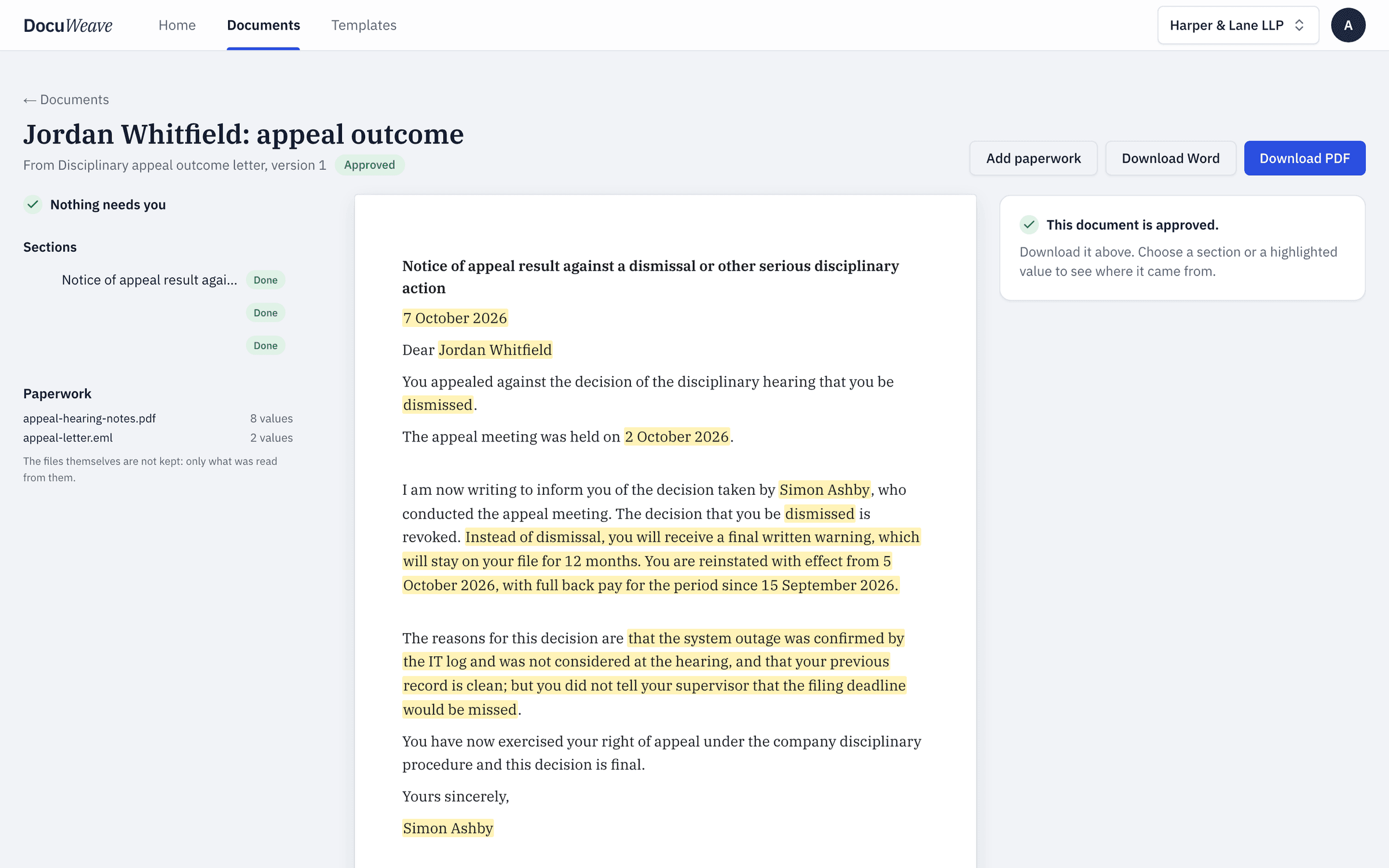 The approved appeal outcome letter with Word and PDF downloads