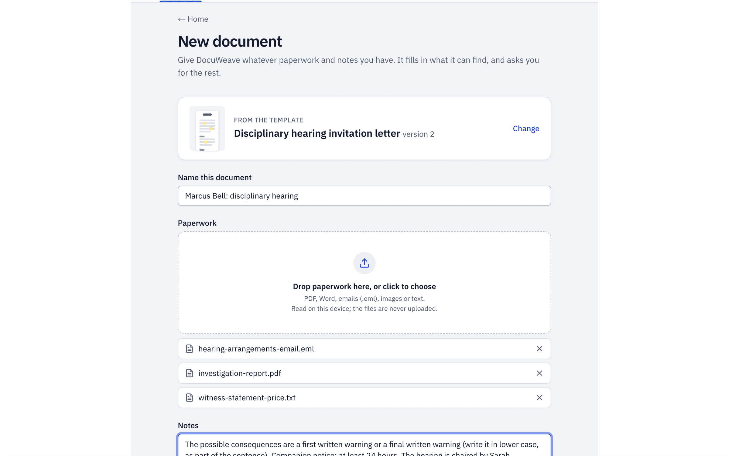 An investigation report, an email, a witness statement and a typed note added to a new document