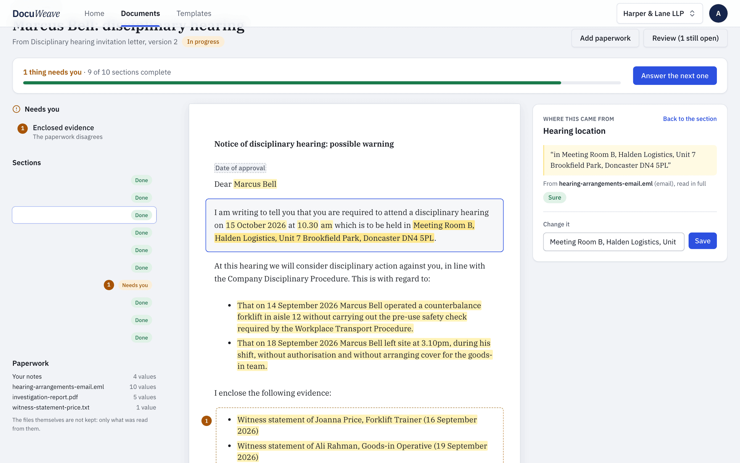 A filled disciplinary hearing letter: the hearing's date, time and place and the allegations, found in the paperwork and highlighted, and where the hearing location came from, quoted from the hearing arrangements email