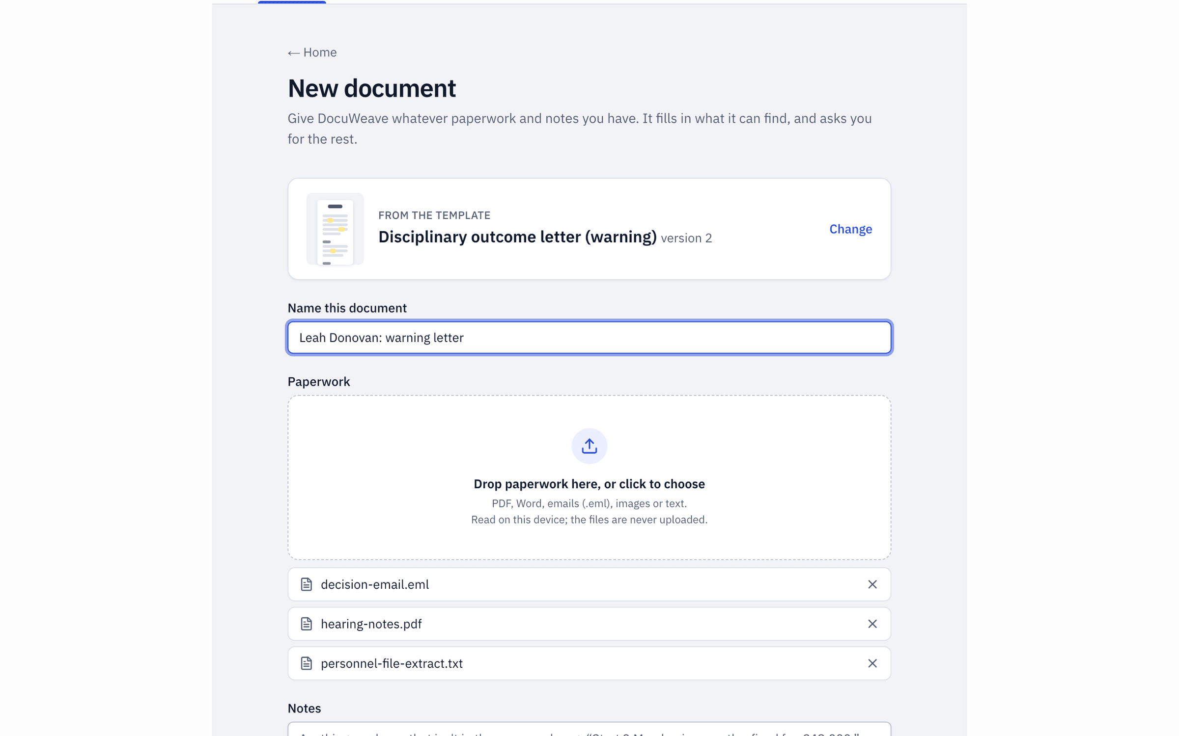 Hearing notes, a decision email and a personnel file extract added to a new document
