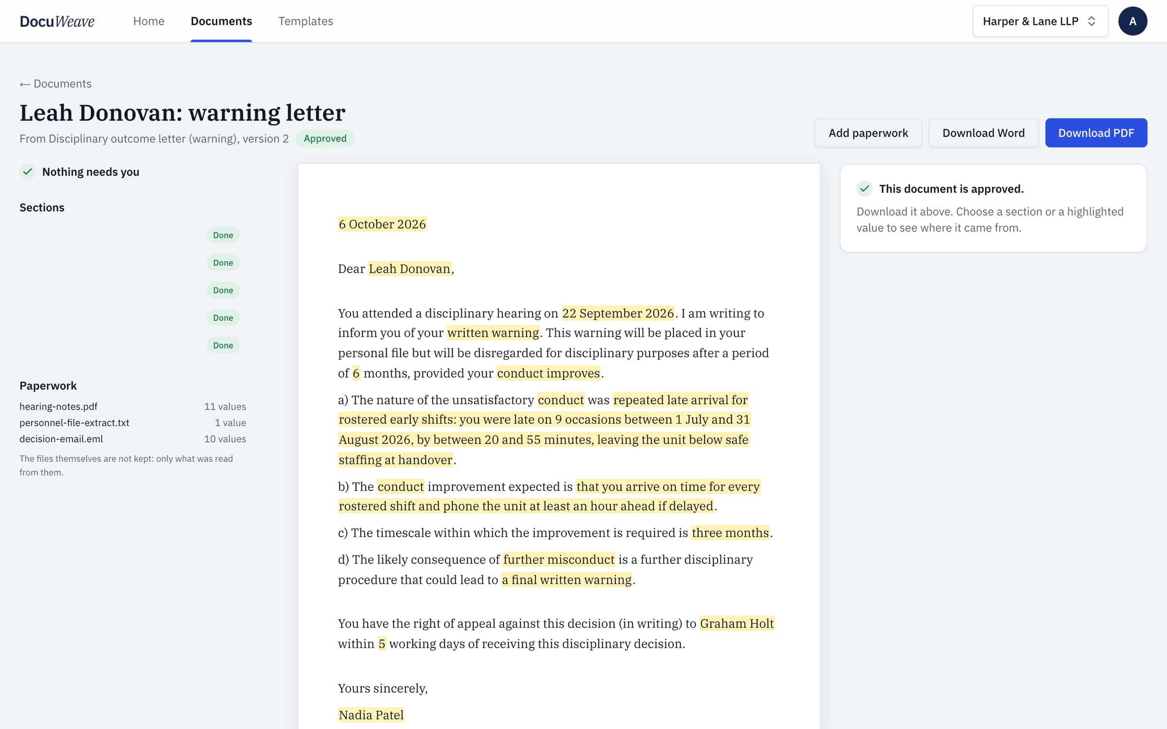 The approved warning letter with Word and PDF downloads