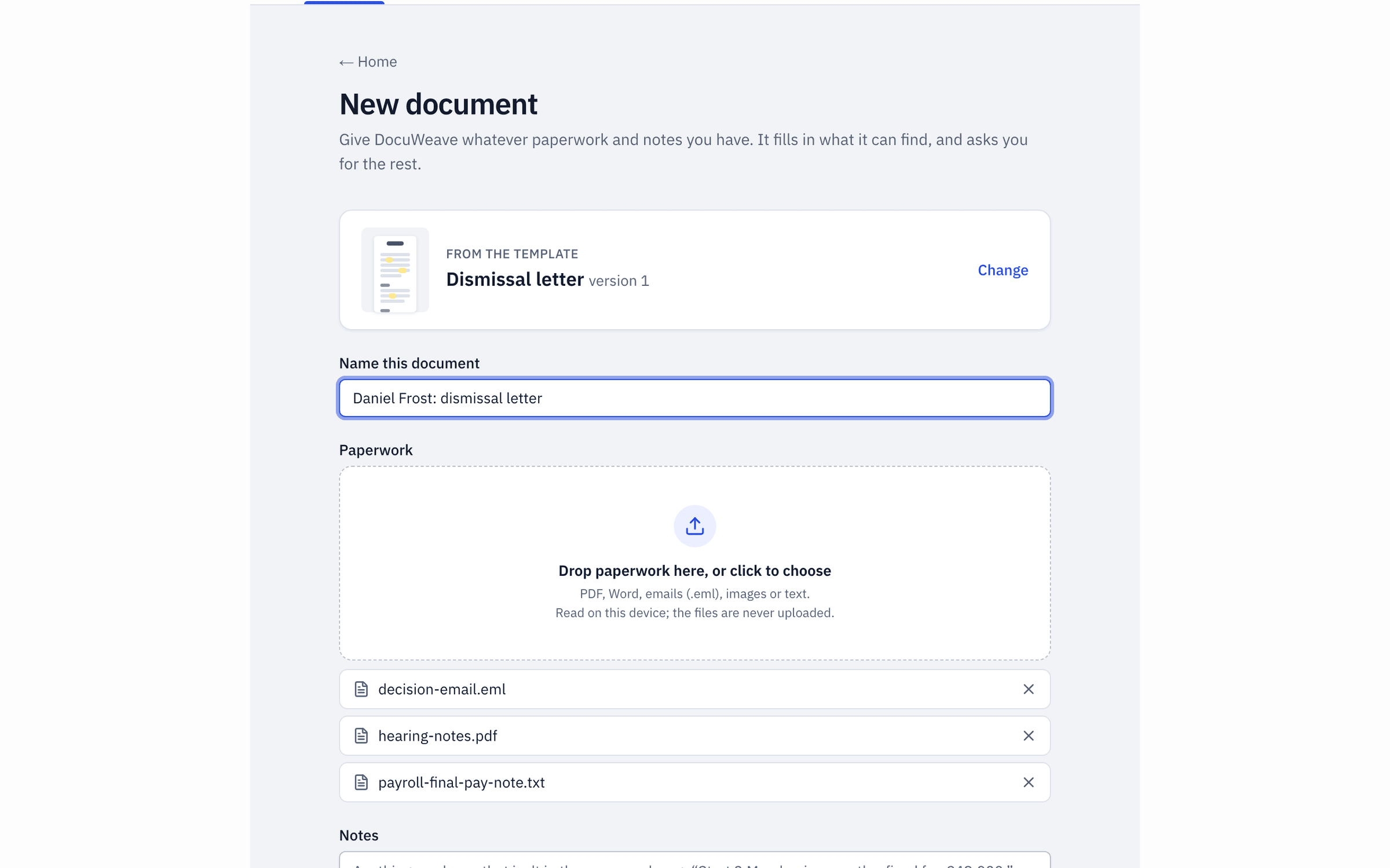Hearing notes, a decision email and a payroll note added to a new document