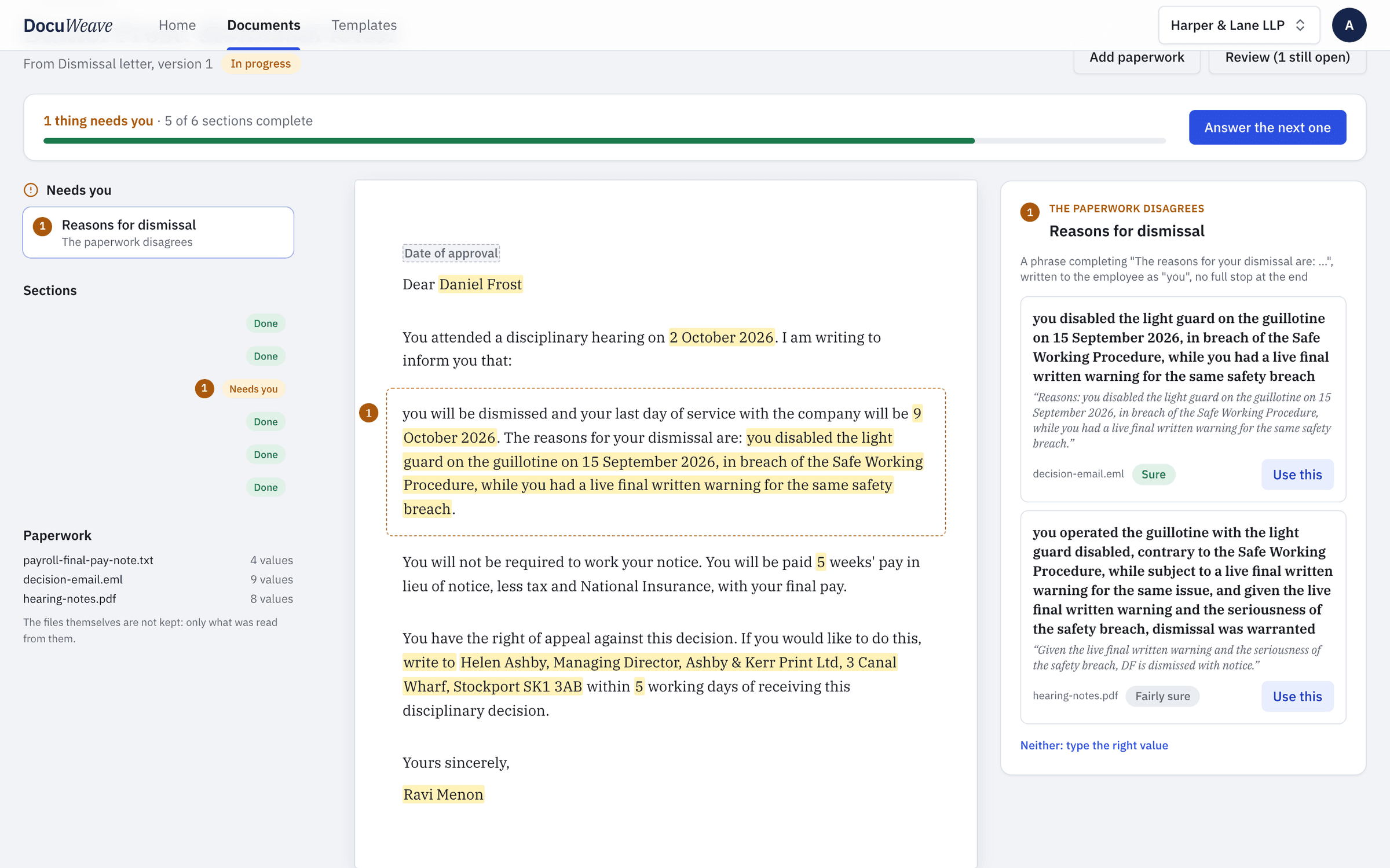 The notes and the email word the reasons differently, and it asks which to use