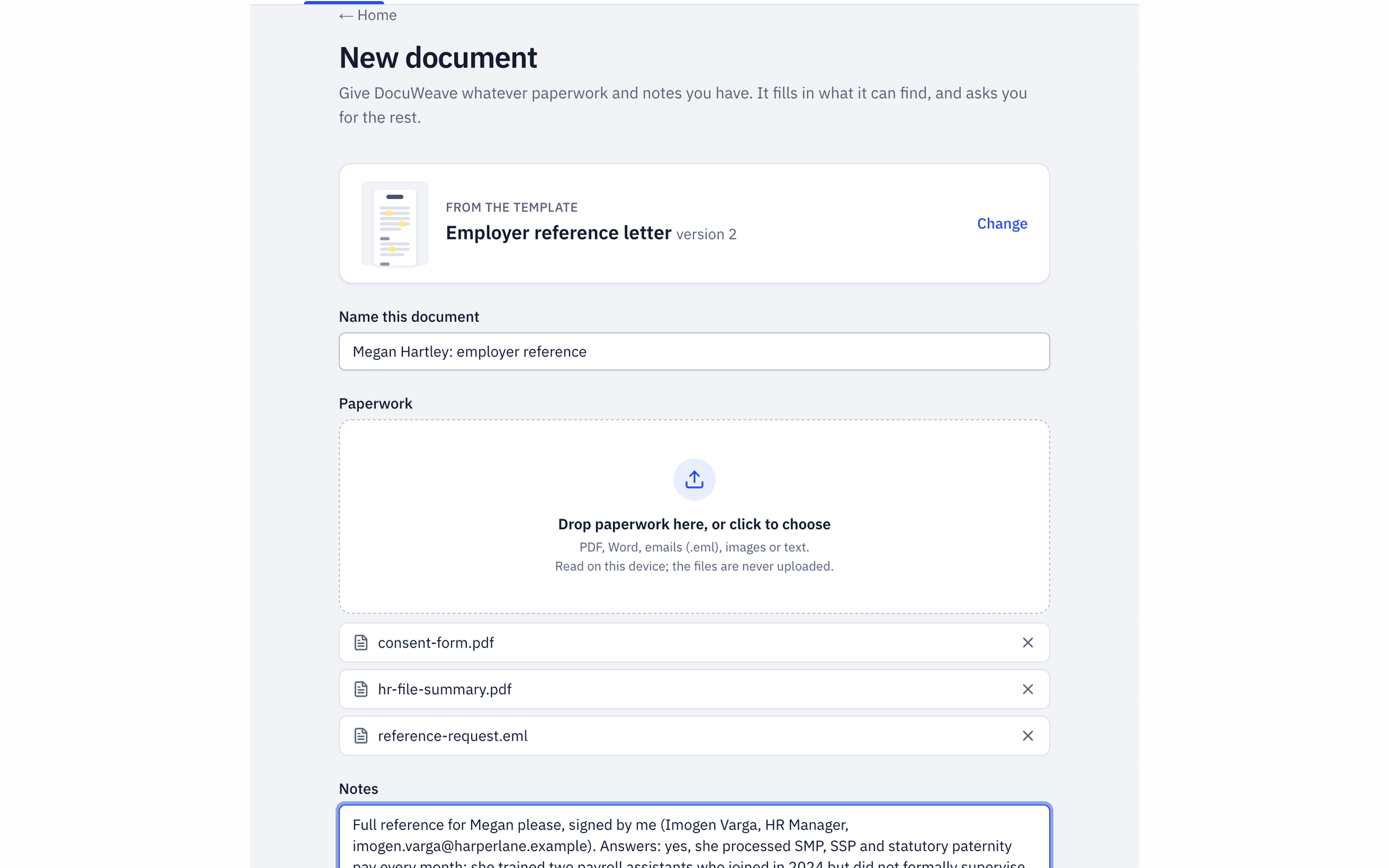 An HR record summary, a reference request email and a consent form added to a new document, with typed notes