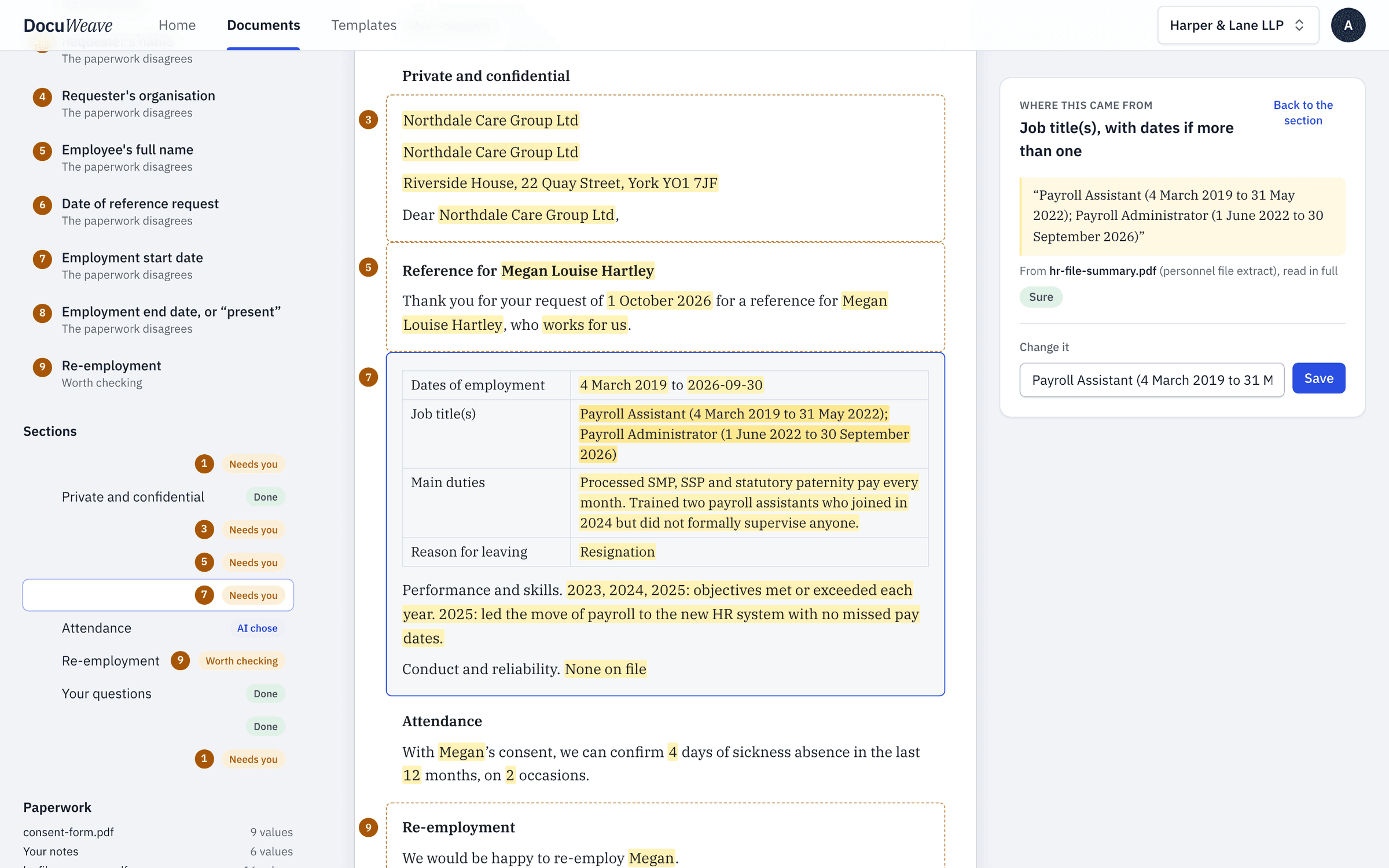 The job titles with the HR record passage they came from