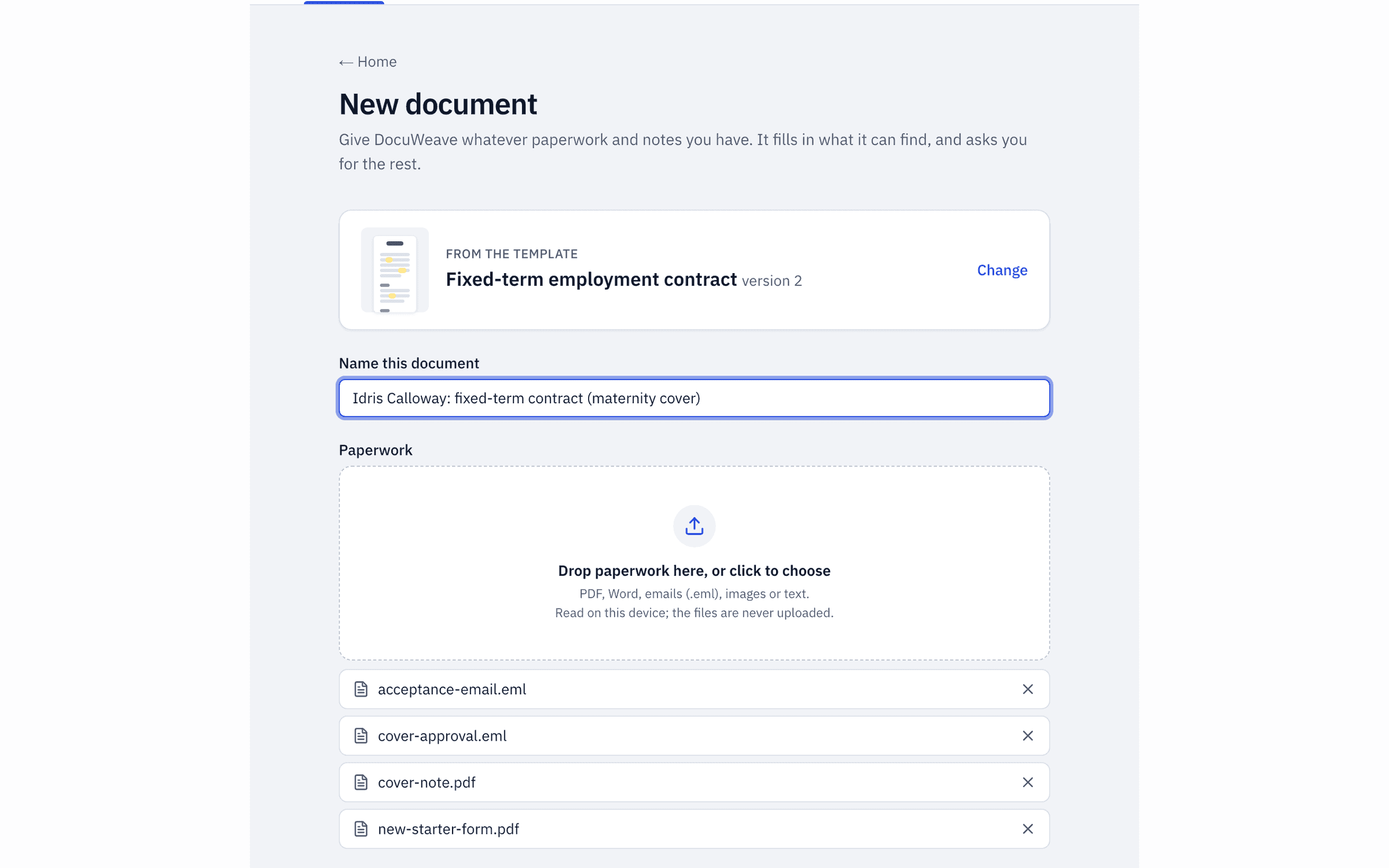 Four files added to a new document: an acceptance email, a cover approval email, a maternity cover note and a new-starter form