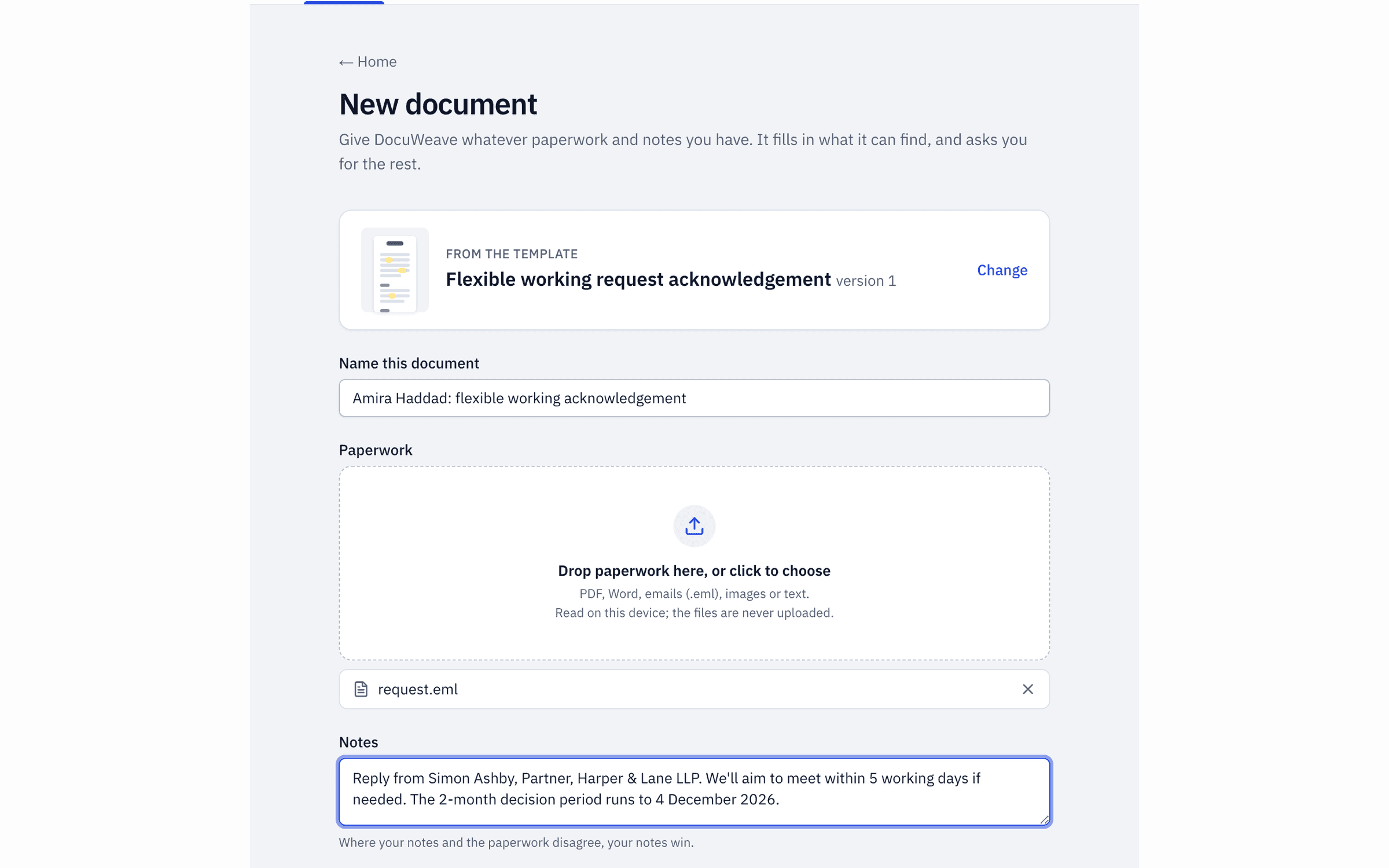 The employee's request email and a typed note added to a new document