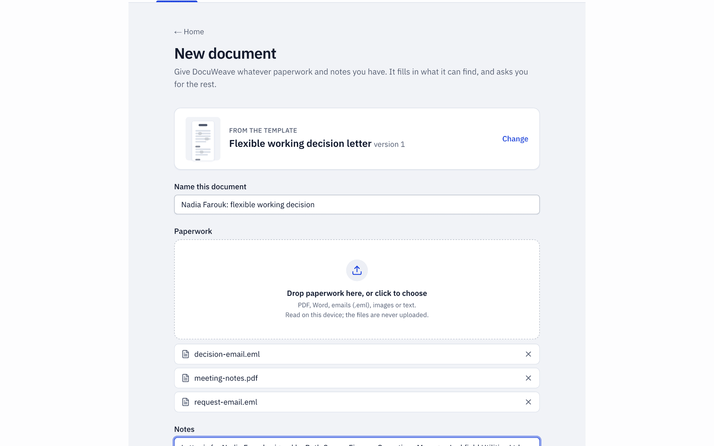 The employee's request, the consultation meeting notes, the manager's decision email and a typed note