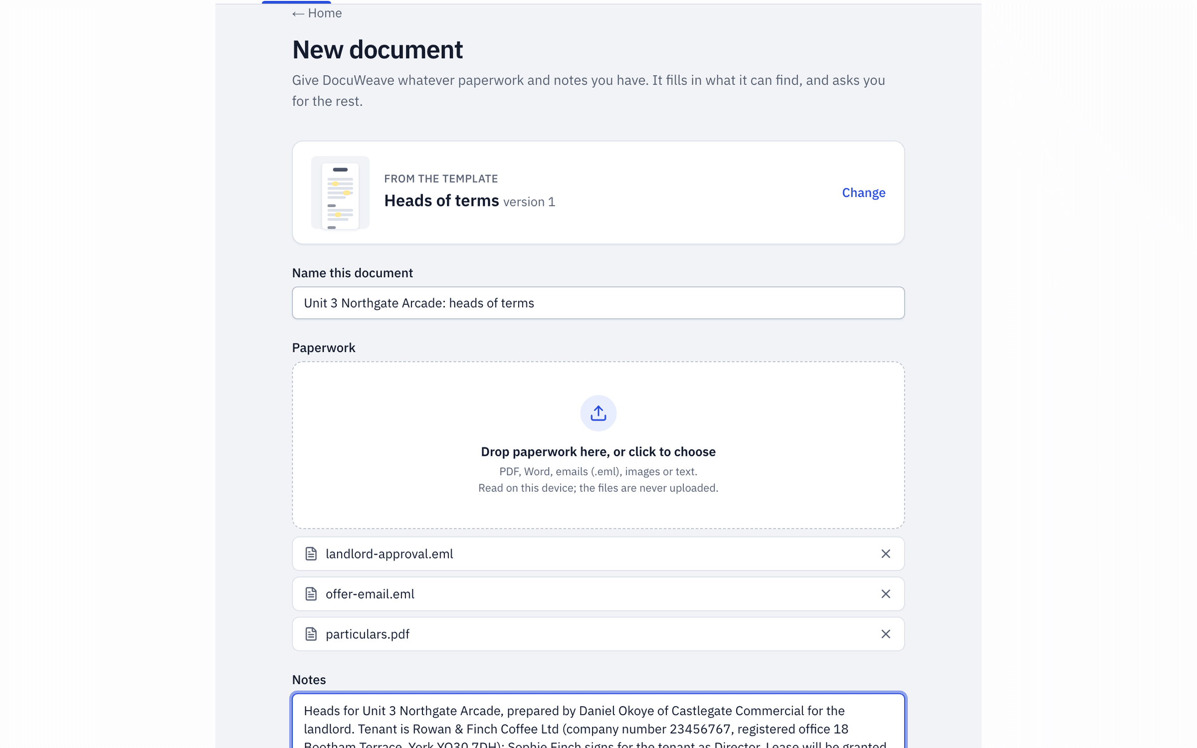 The agent's offer email, the landlord's approval and the property particulars added to a new document, with typed notes