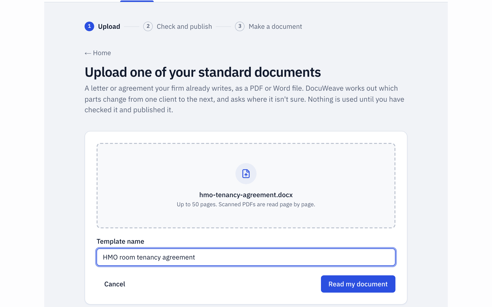 An HMO room tenancy agreement chosen for upload as a Word file