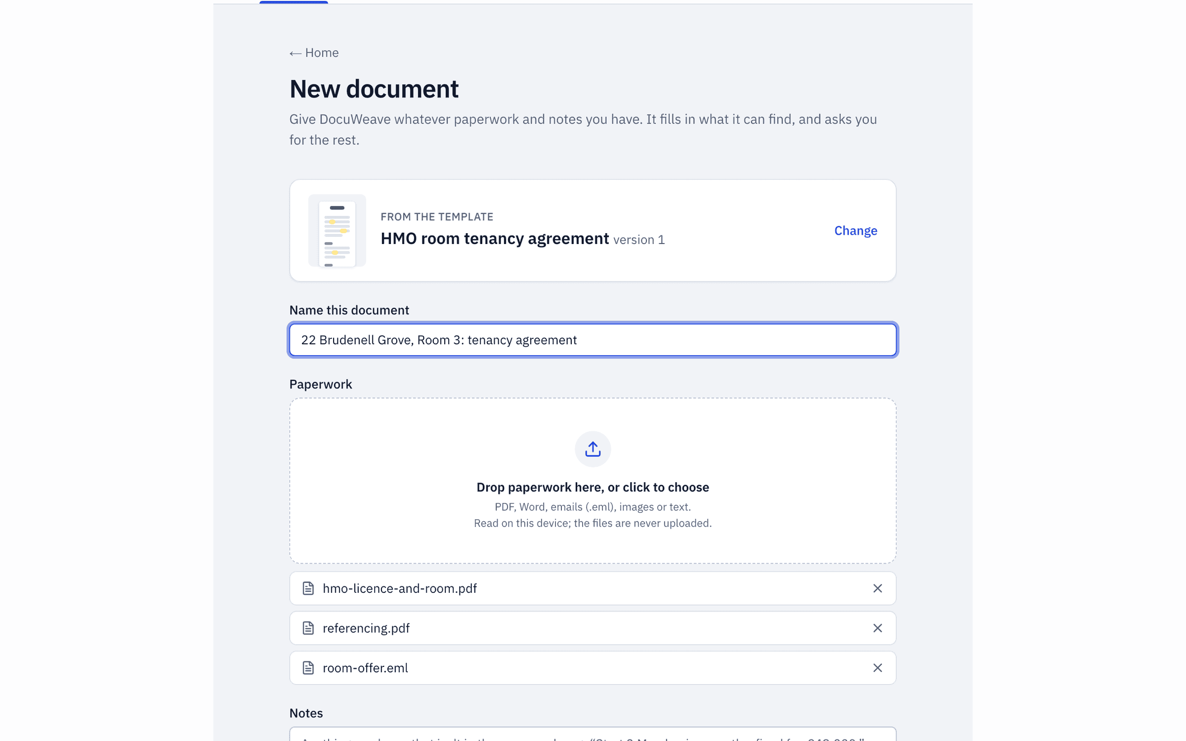 A room offer email, an HMO licence and room schedule summary and a referencing report added to a new document
