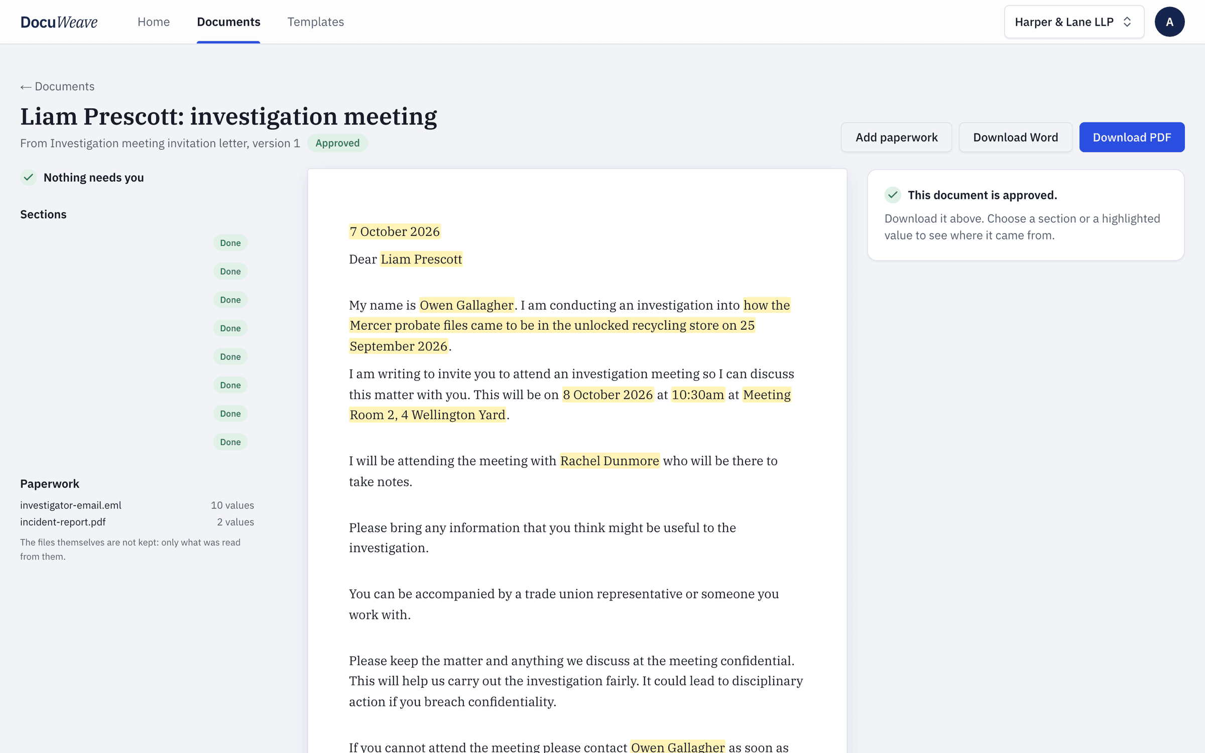 The approved investigation meeting letter with Word and PDF downloads