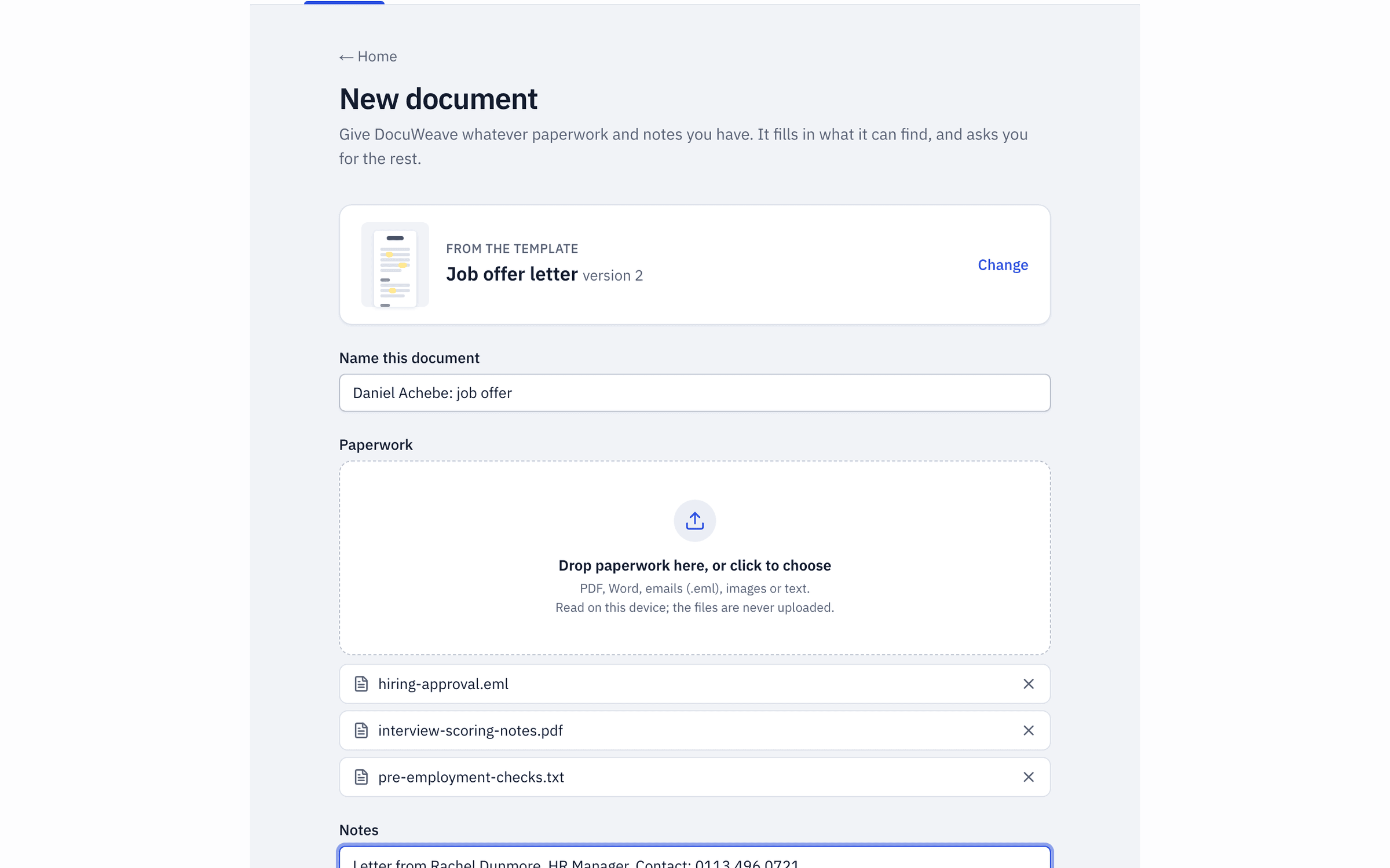 Interview notes, an approval email, a list of checks and a typed note added to a new document