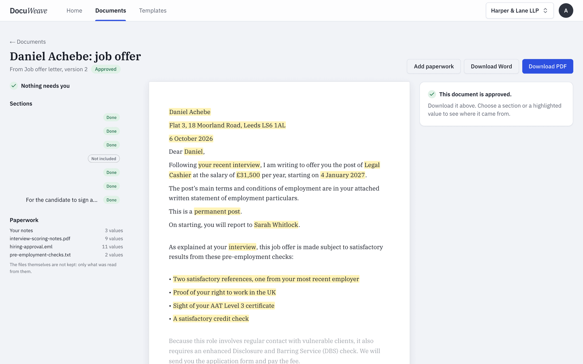 The approved job offer letter with Word and PDF downloads