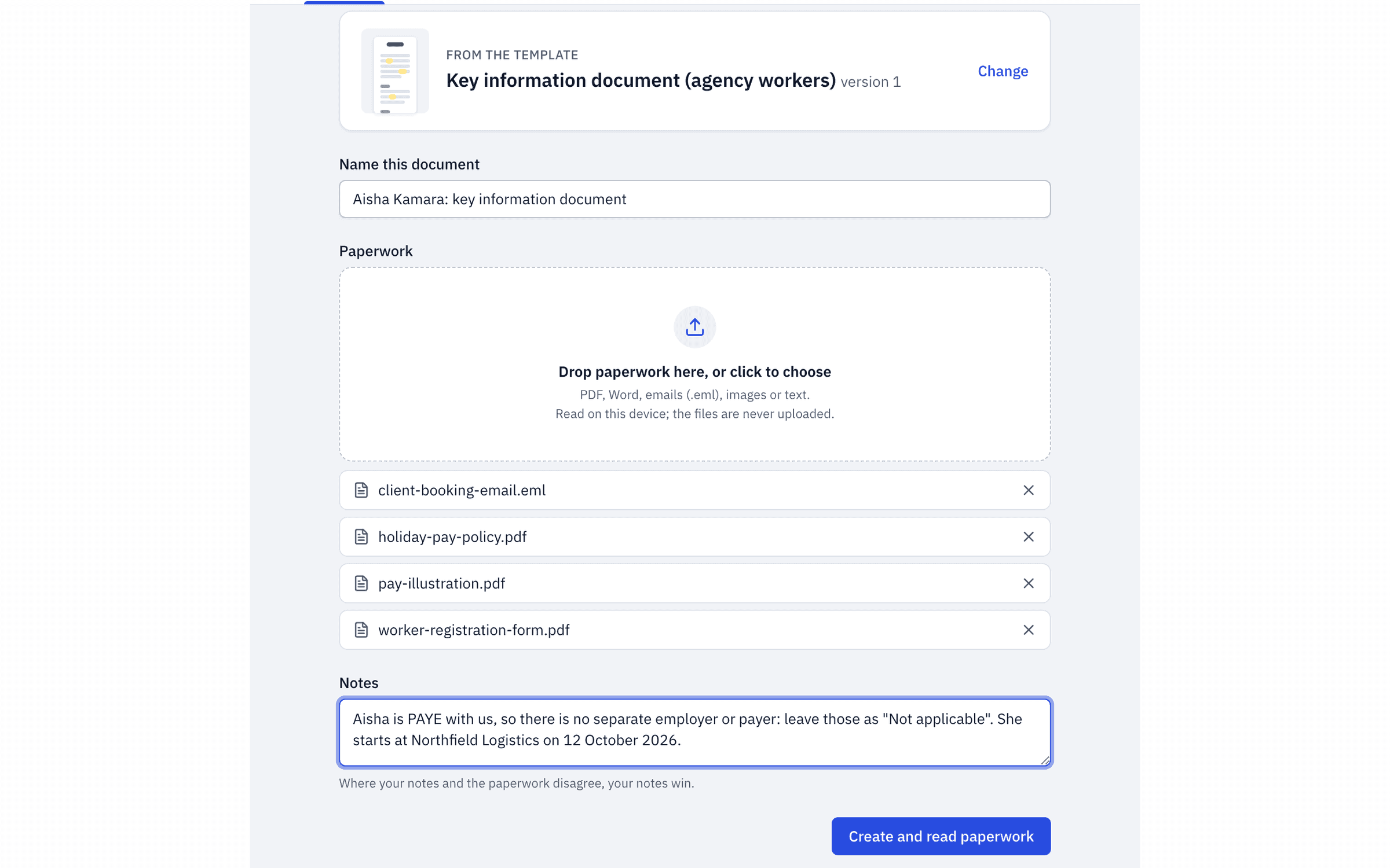 Four files and a typed note added to a new document: the worker registration form, the client's booking email, a pay illustration and the holiday pay policy