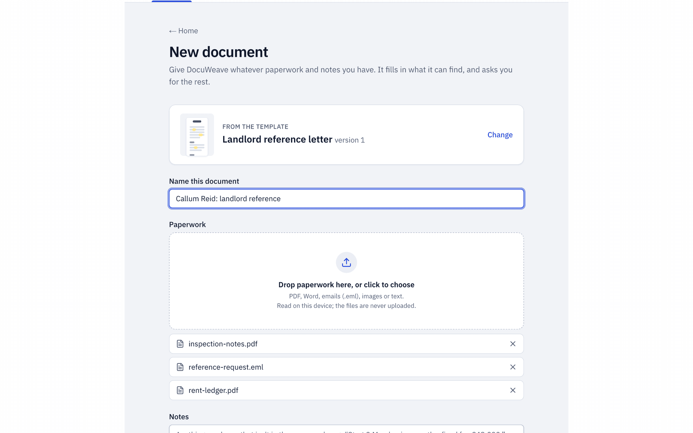 A reference request email, a rent ledger and inspection notes added to a new document