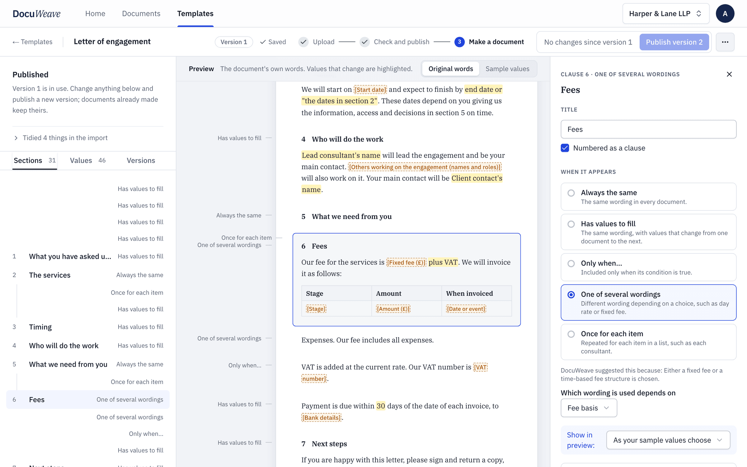 The template, with fees as a choice of fixed fee or time-based