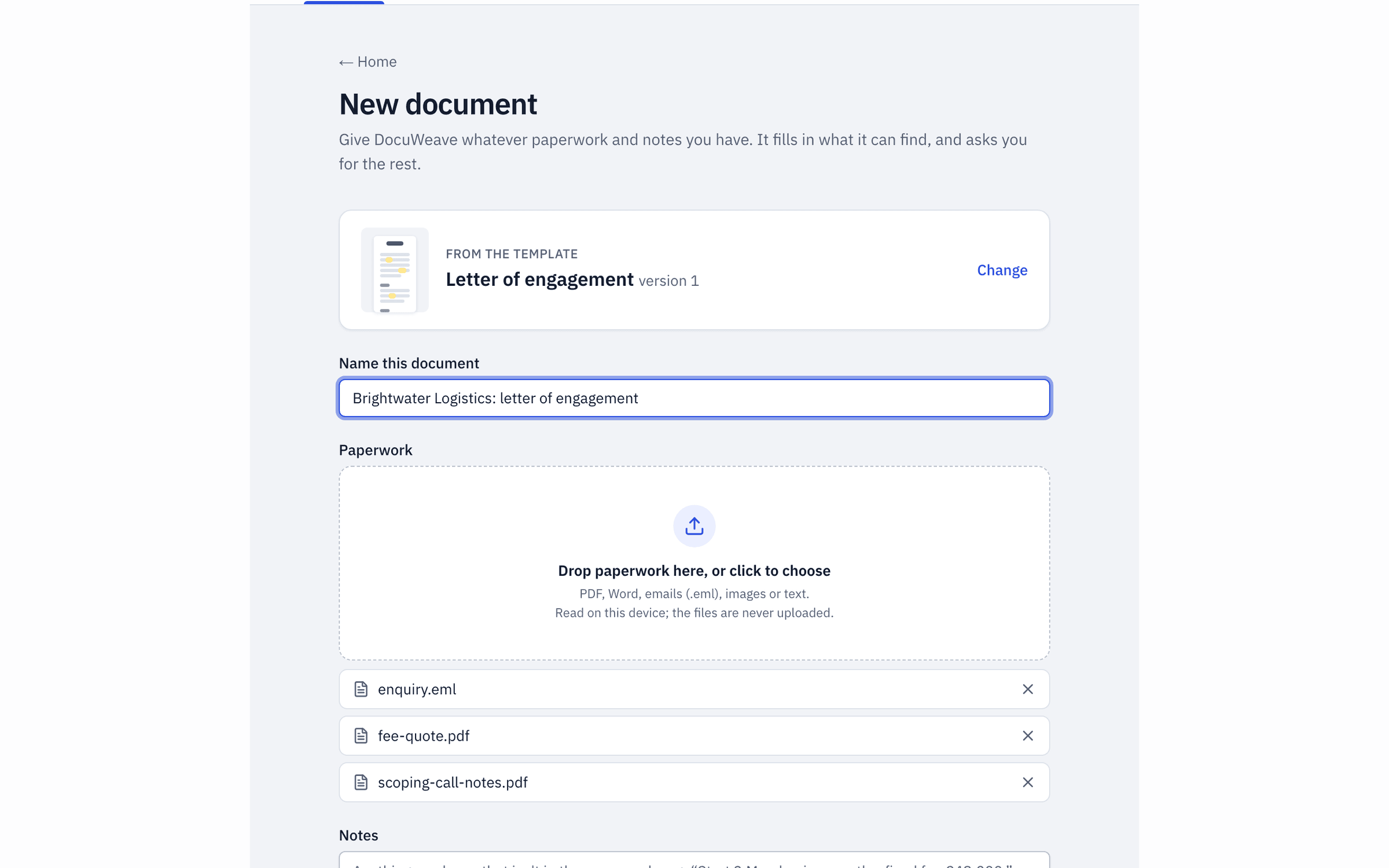 An enquiry email, scoping call notes and a fee quote added to a new document
