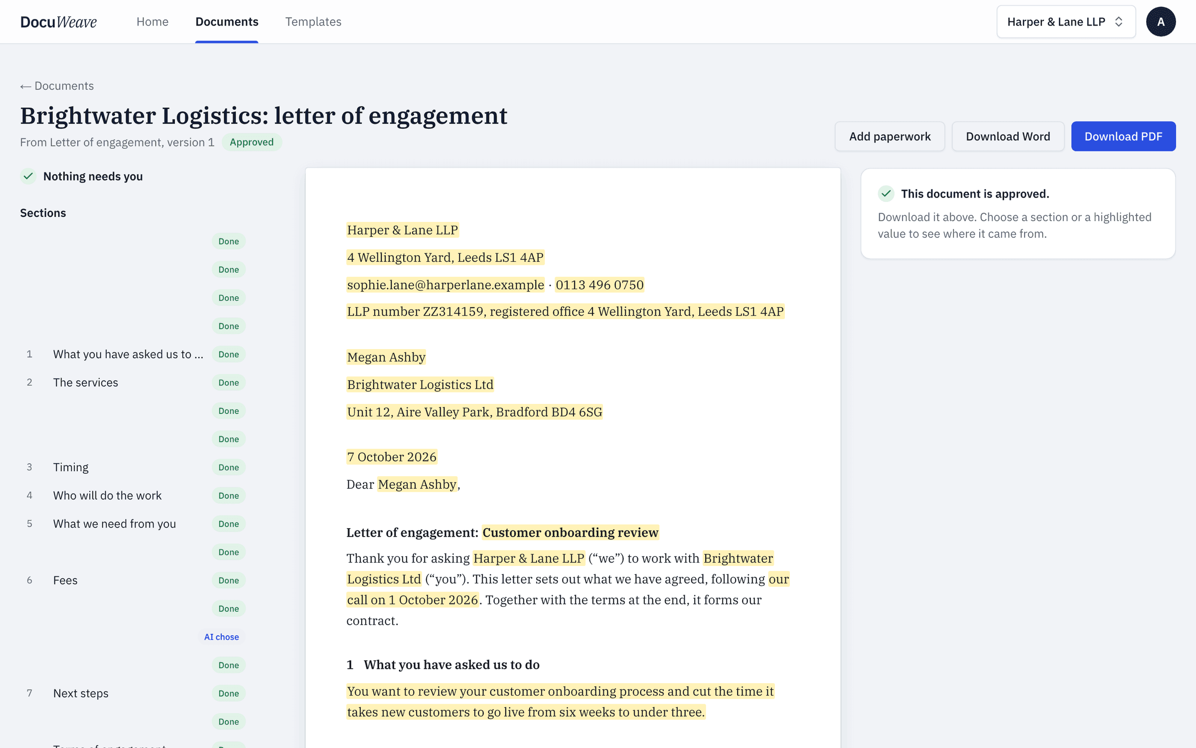 The approved letter of engagement with Word and PDF downloads