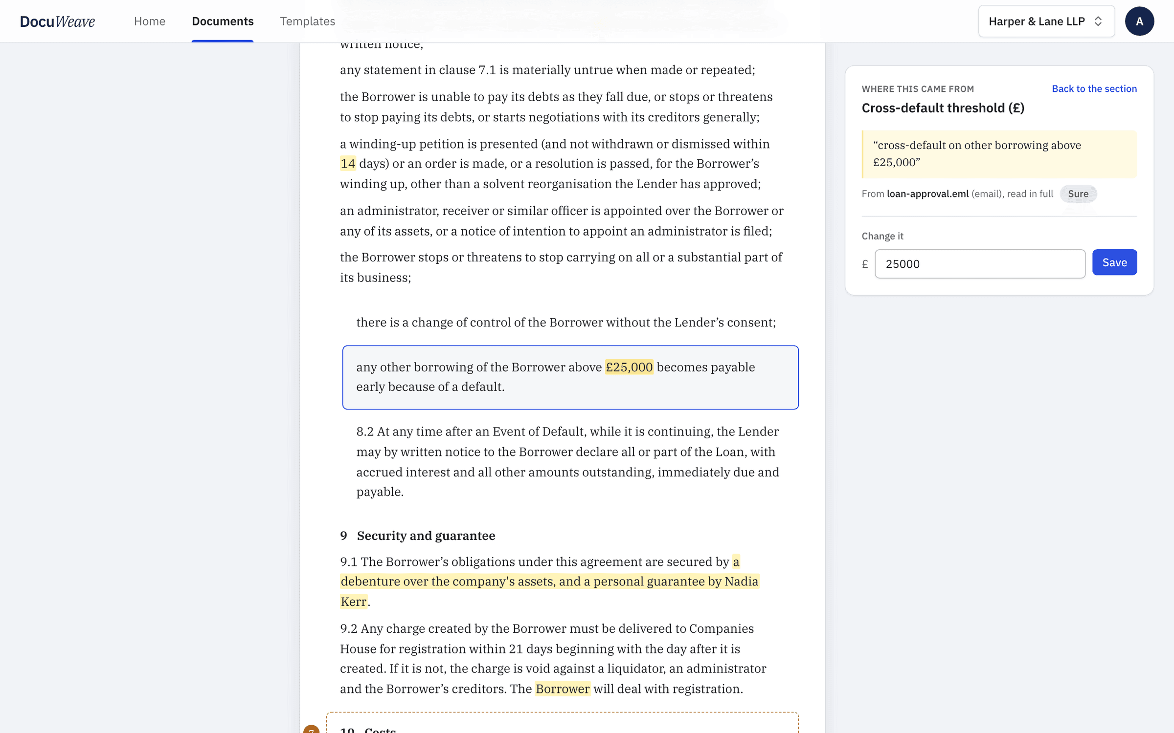 The cross-default threshold with the email passage it came from