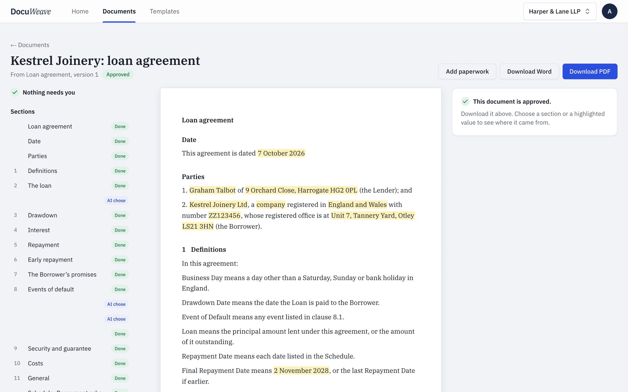 The approved loan agreement with Word and PDF downloads