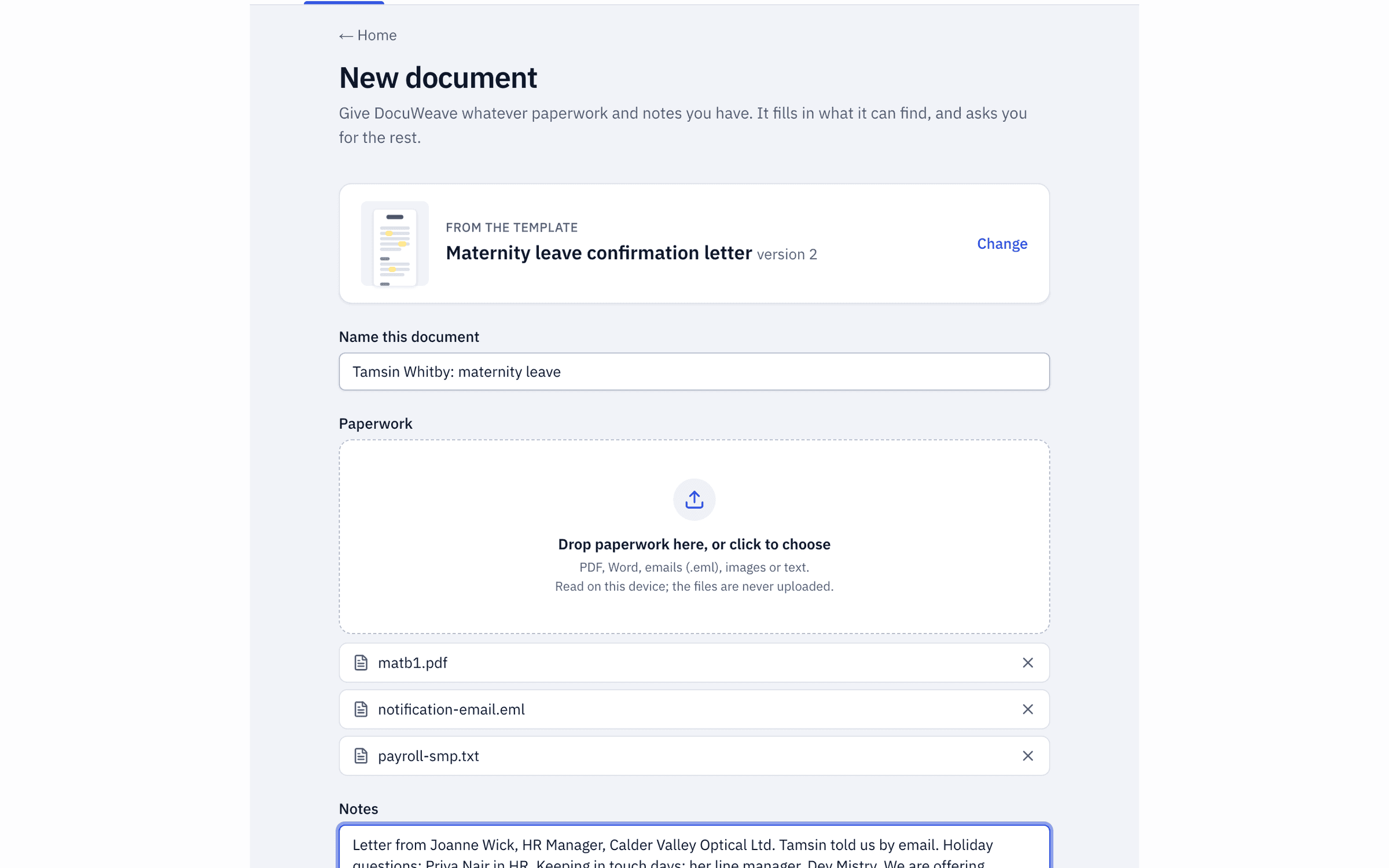 The employee's notification email, a copy of the MATB1 certificate, payroll's note and a typed note