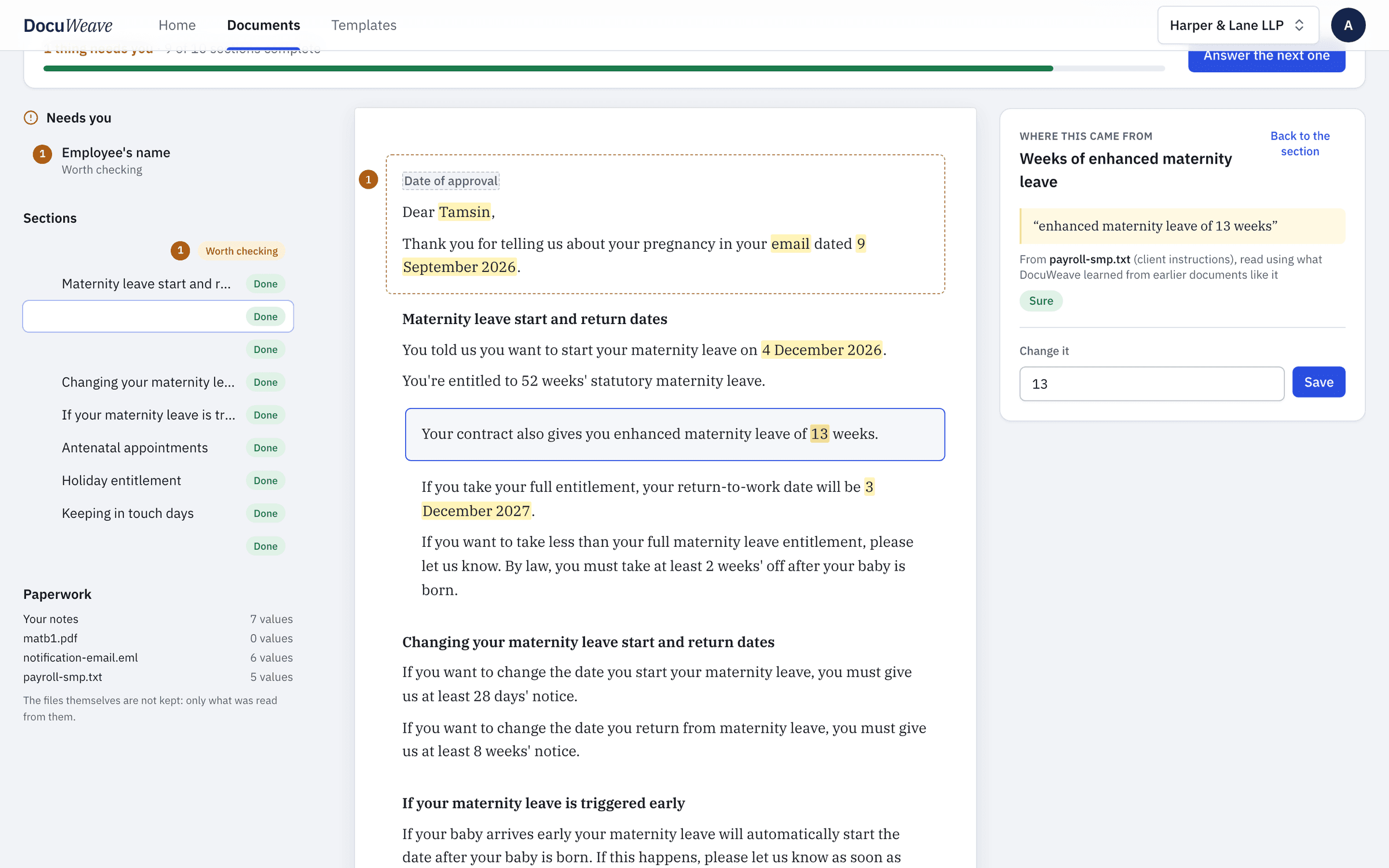 The return-to-work date with the payroll note passage it came from