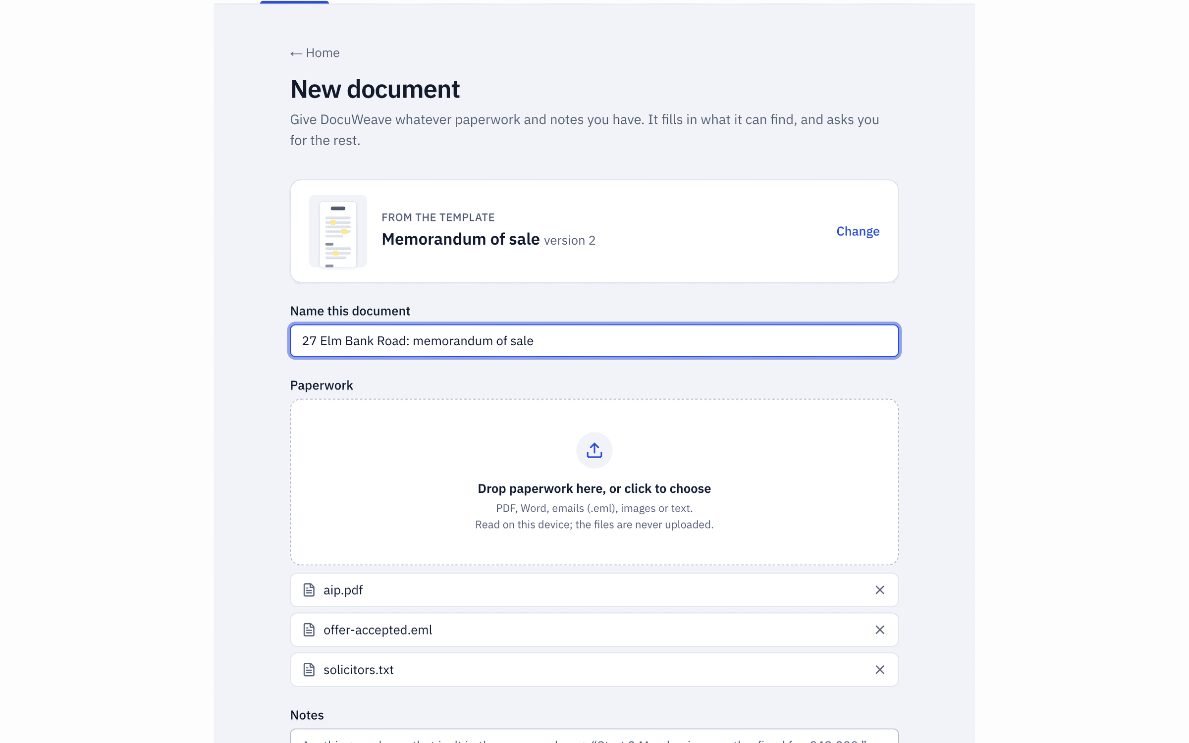 An offer-accepted email, conveyancers' details and an agreement in principle added to a new document