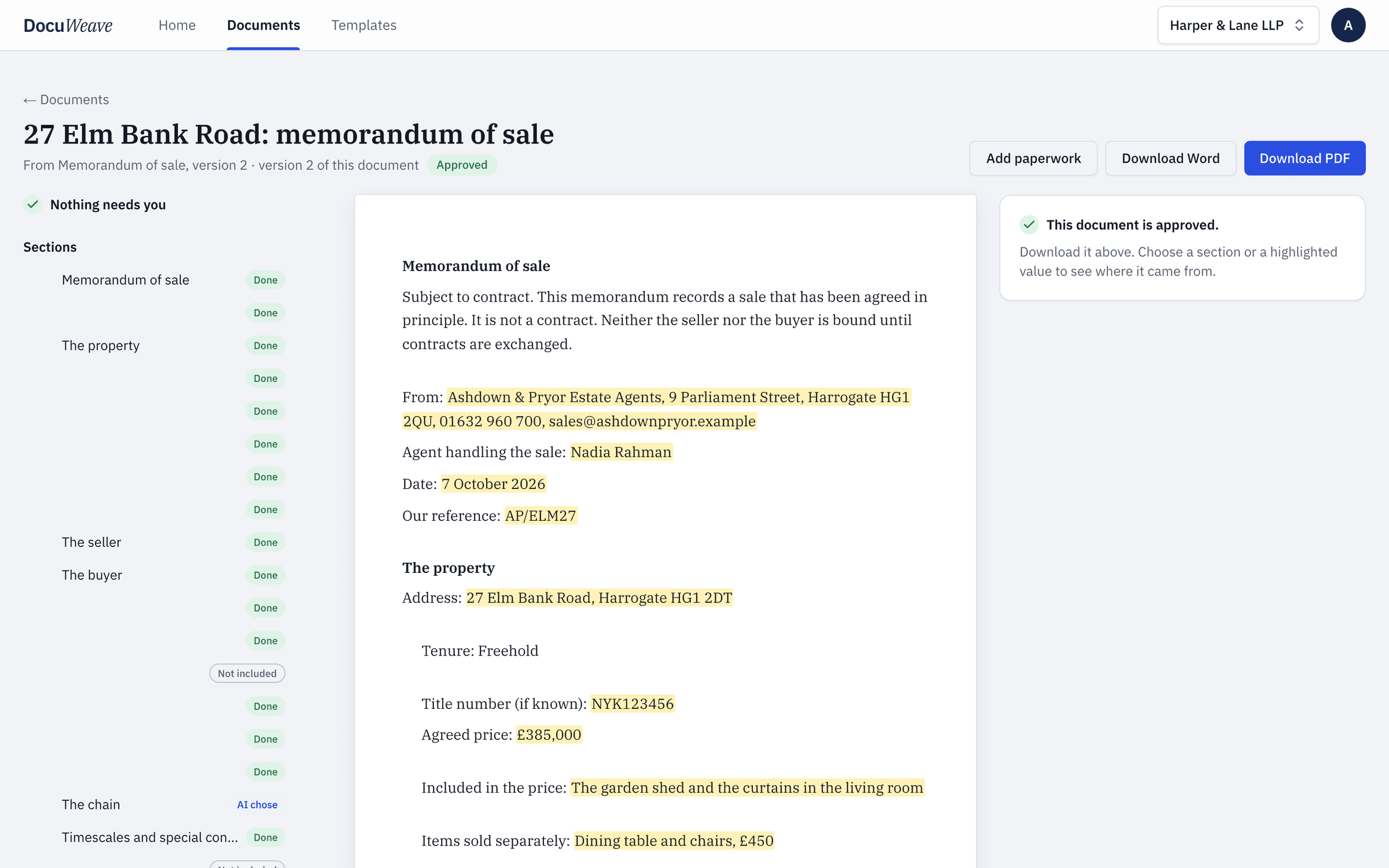 The approved memorandum of sale with Word and PDF downloads