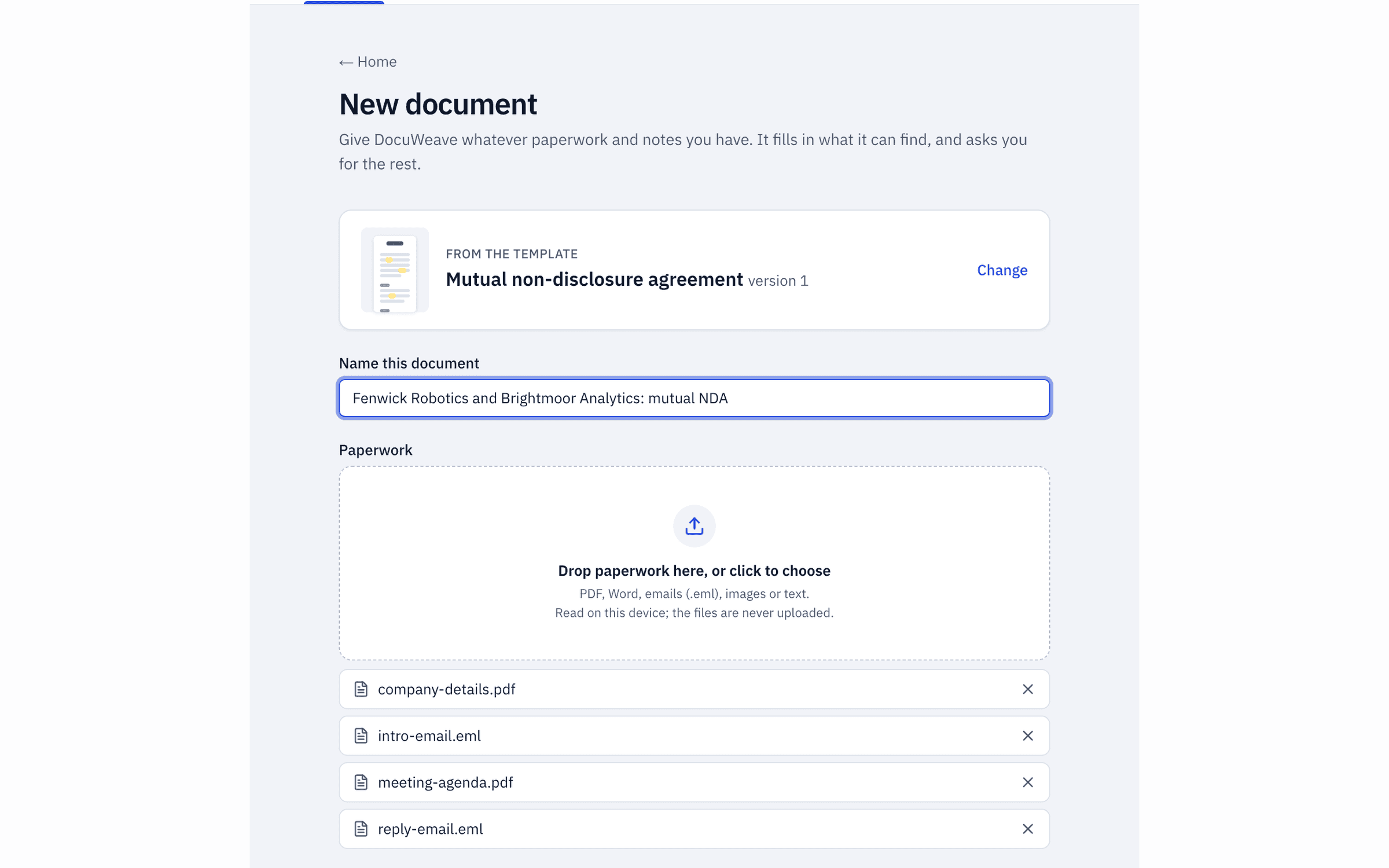 Two emails, a company details sheet and a meeting agenda added to a new document