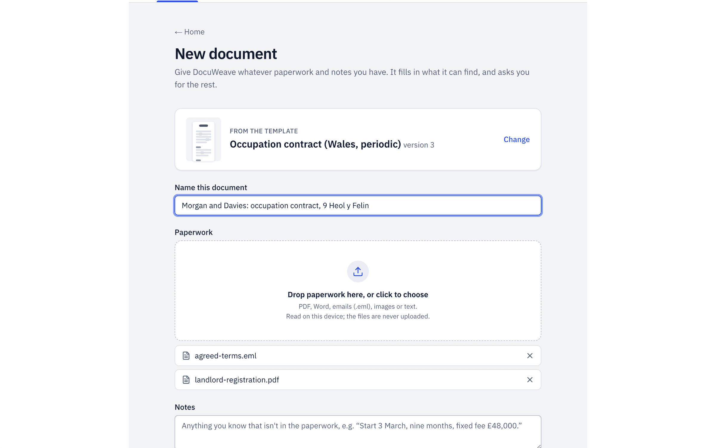 Two files added to a new document: the agreed-terms email and the registration and safety records
