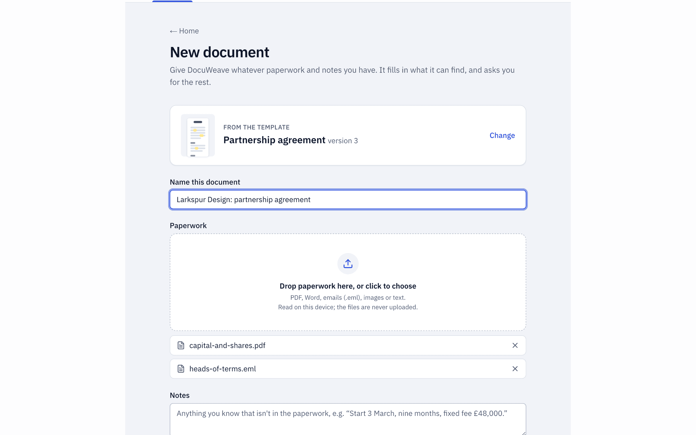 A heads of terms email and a capital and profit shares sheet added to a new document