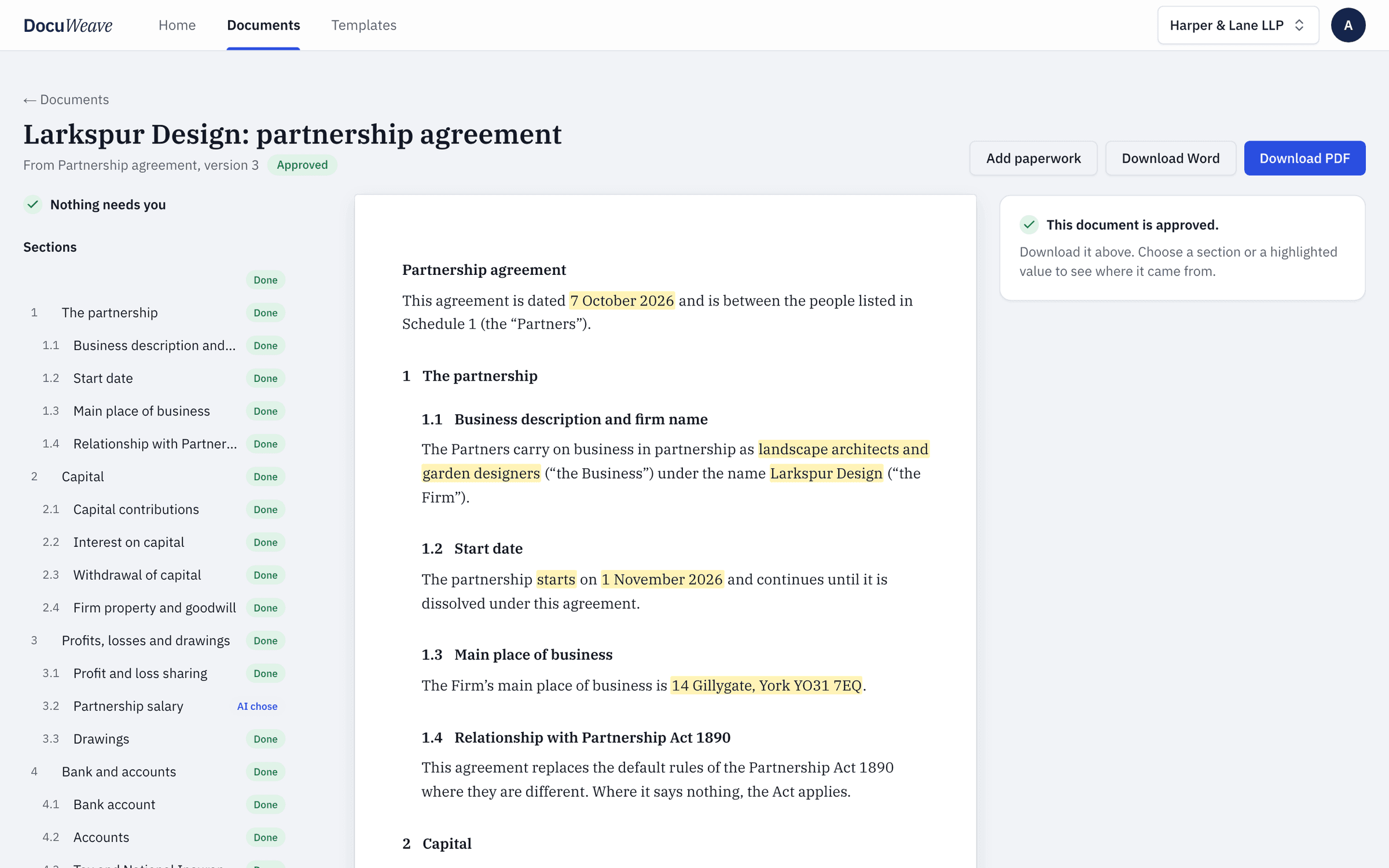 The approved partnership agreement with Word and PDF downloads