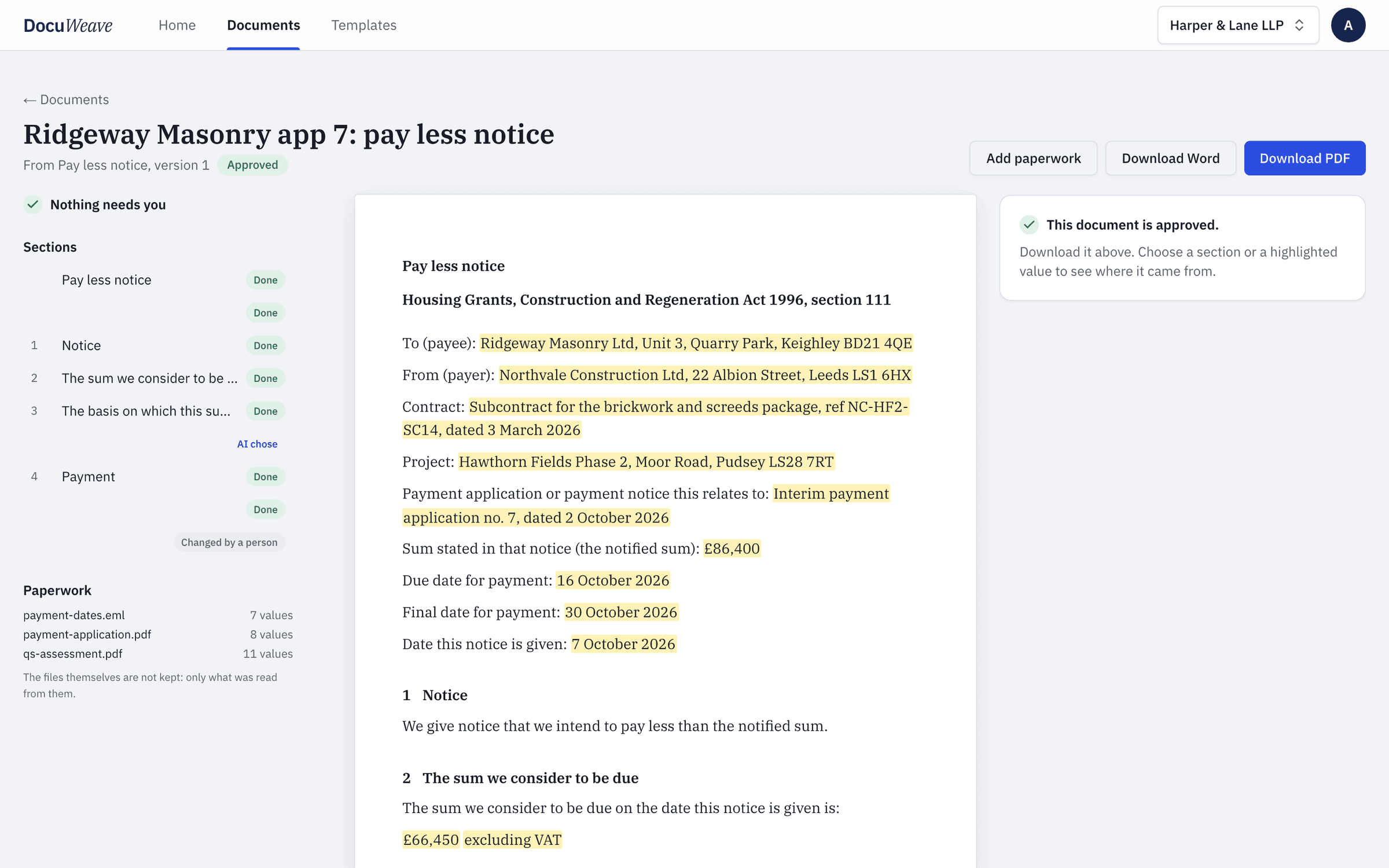 The approved pay less notice with Word and PDF downloads