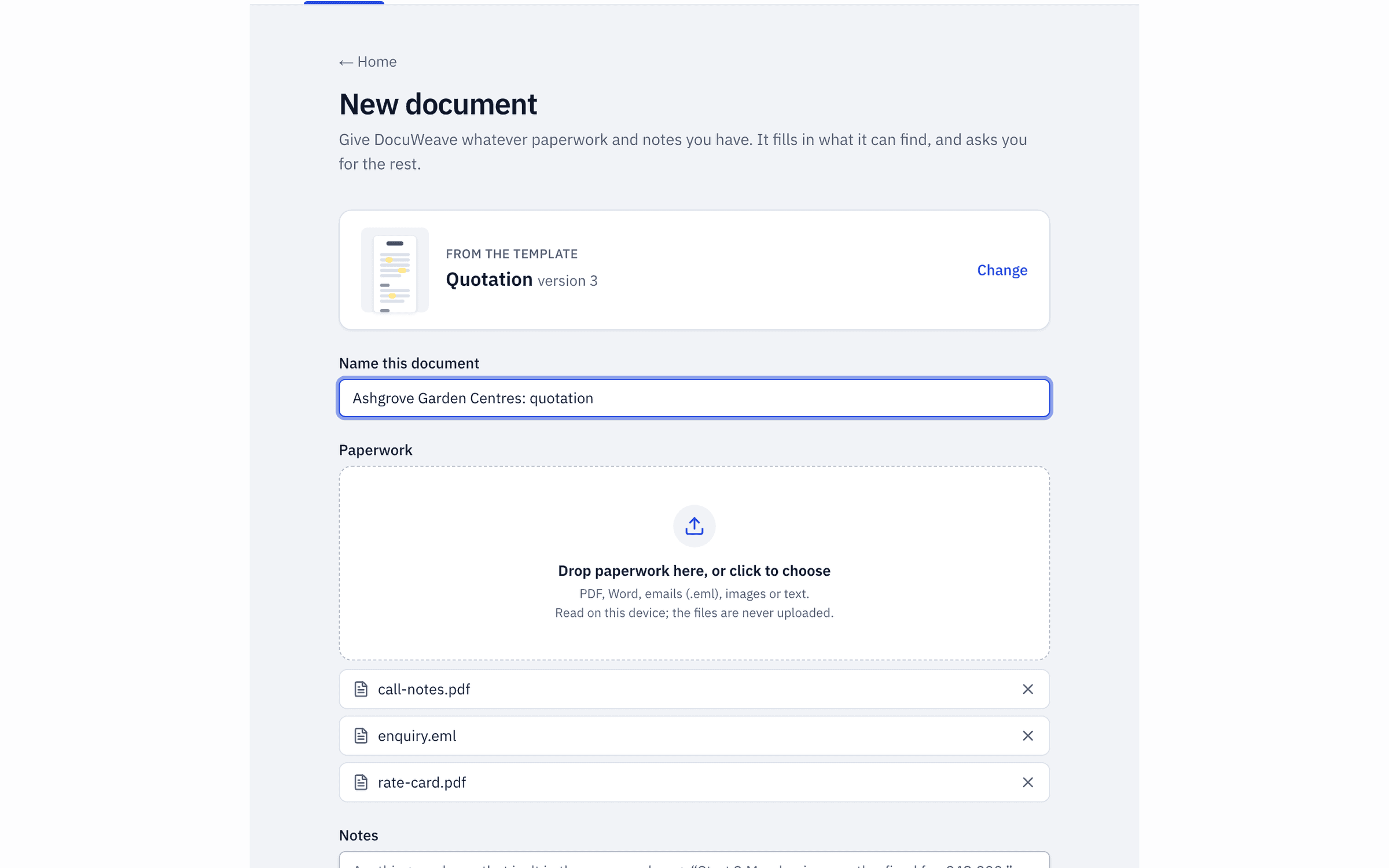An enquiry email, call notes and a worked quote added to a new document