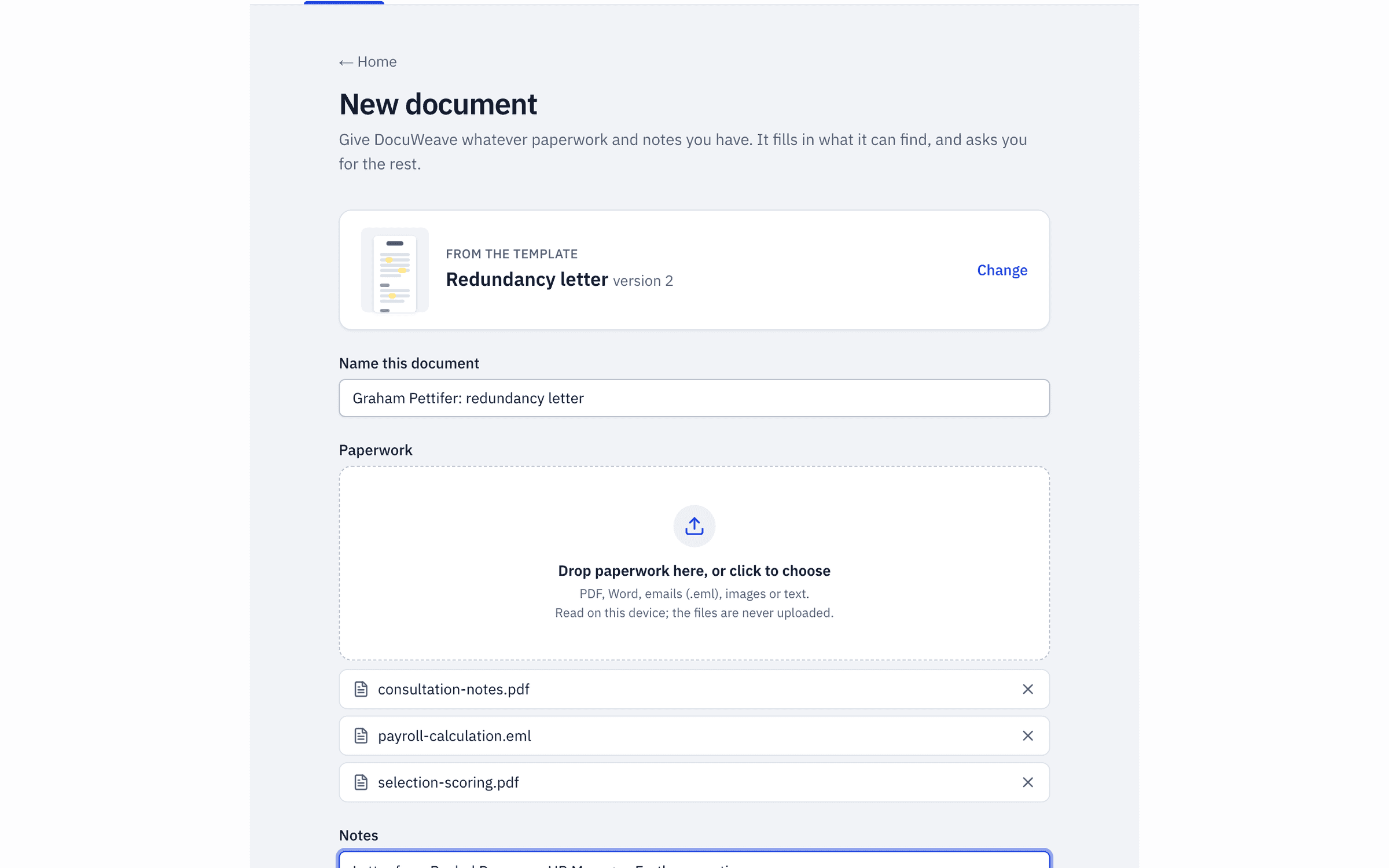 Consultation notes, a selection scoring sheet, payroll's calculation and a typed note
